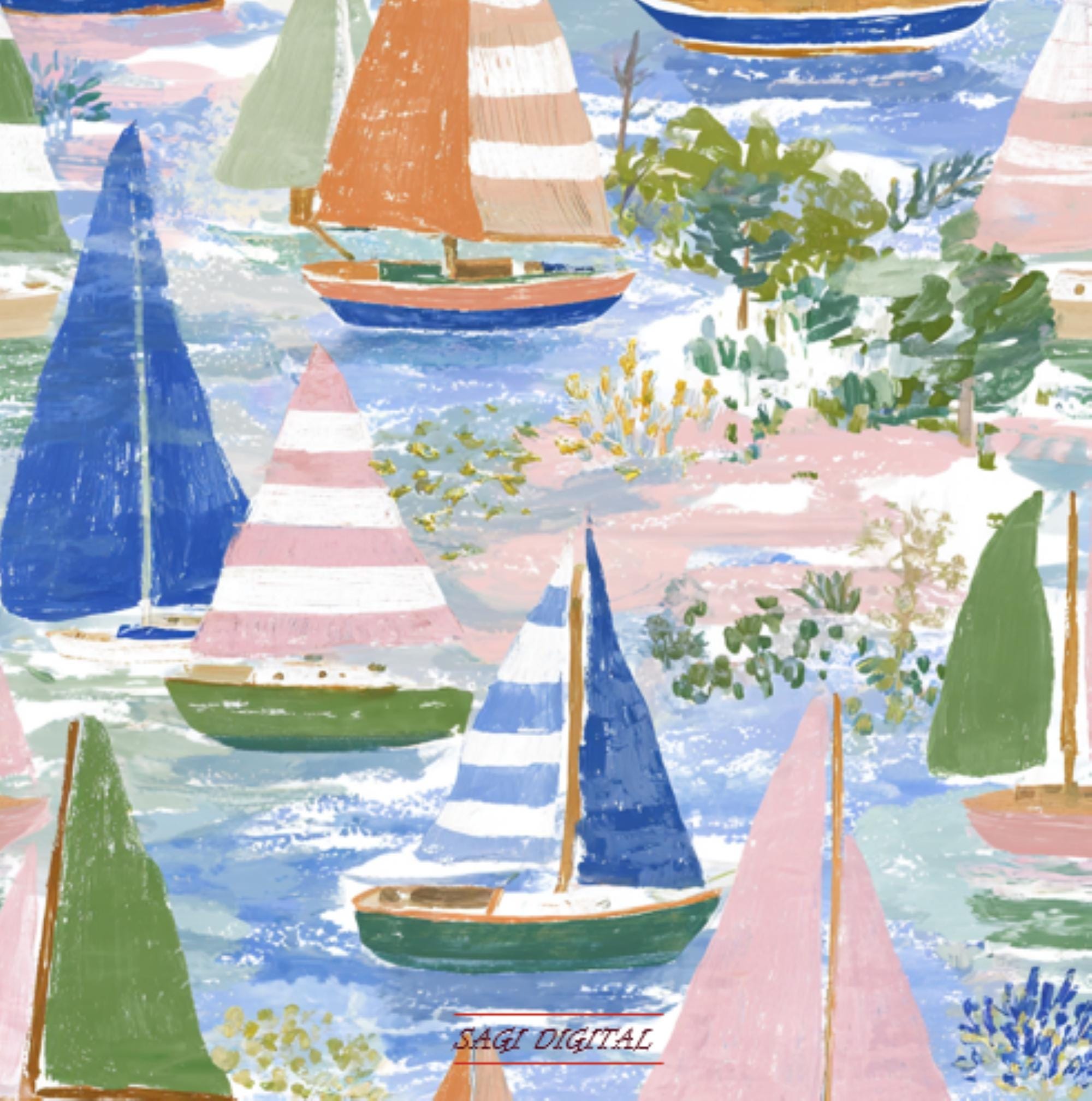 Painterly Sailboat Seamless Pattern, Coastal Nautical Digital Paper, Summer Ocean Fabric Design