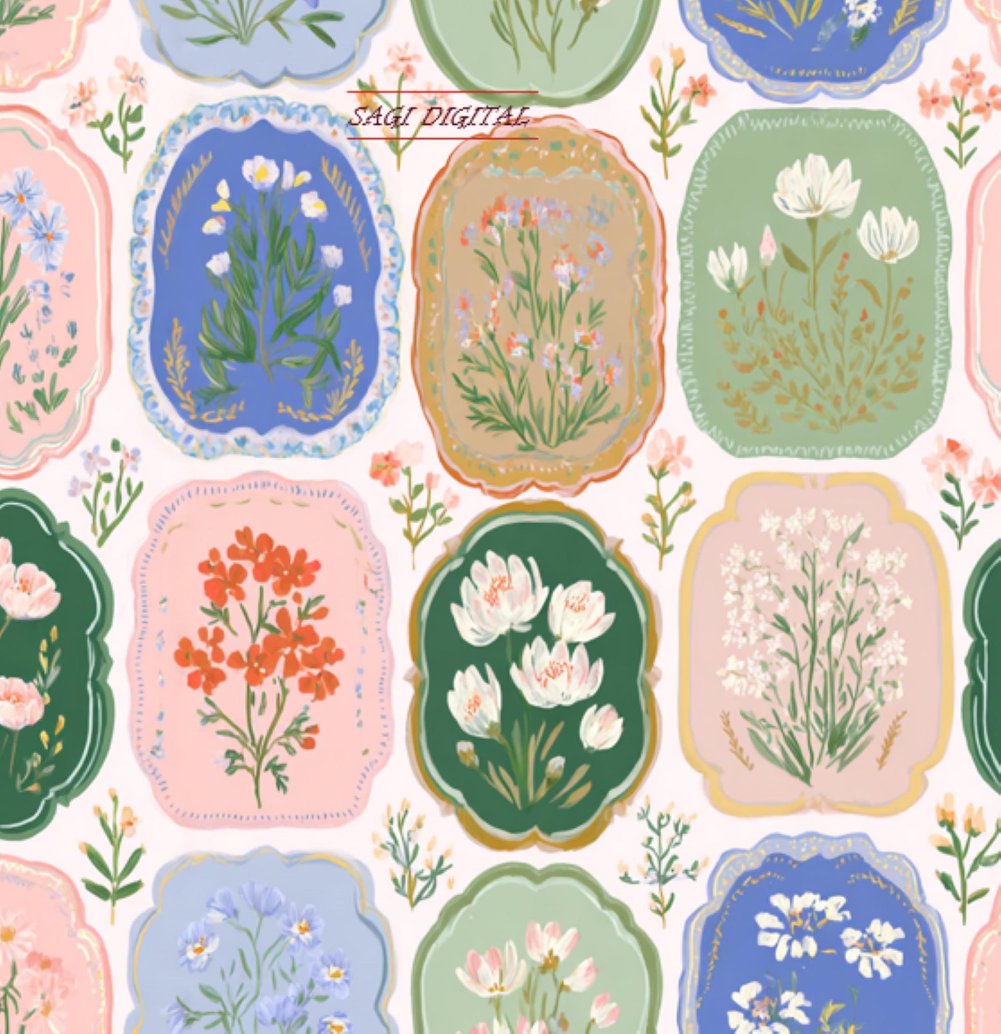 Pastel Floral Cameo Seamless Pattern, Botanical Fabric Design, Sage Green, Commercial Use