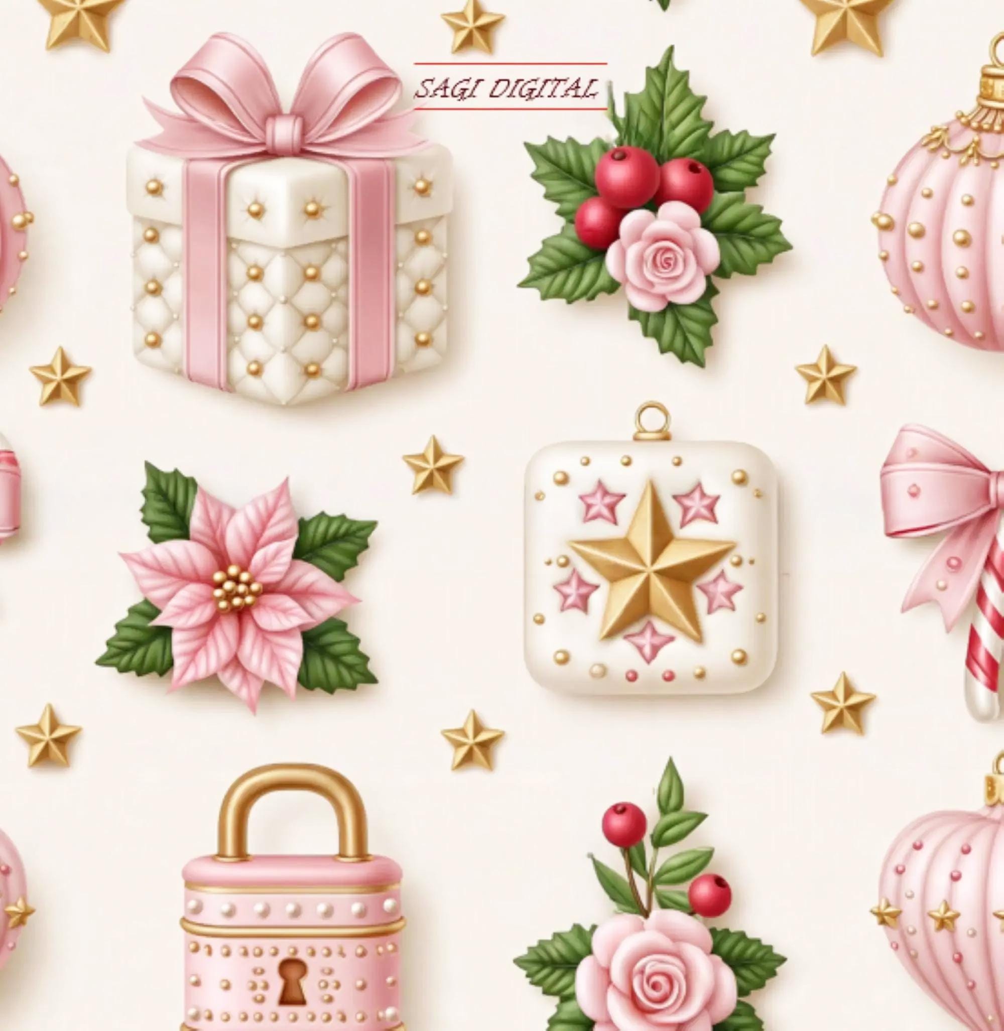 Pink Christmas Seamless Pattern, Blush Gold Gift Fabric Design, Commercial Use