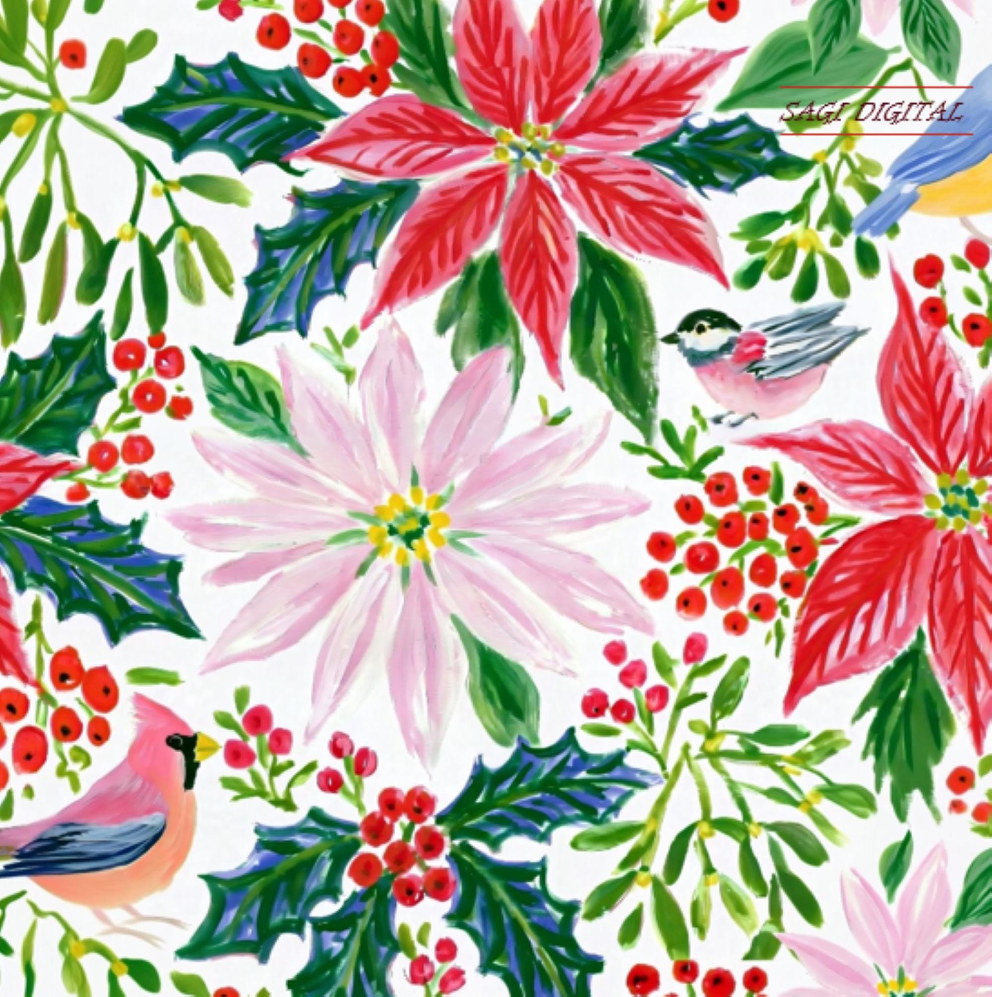 Poinsettia Christmas Seamless Pattern, Holly Berry Mistletoe Gift Wrap, Commercial Use