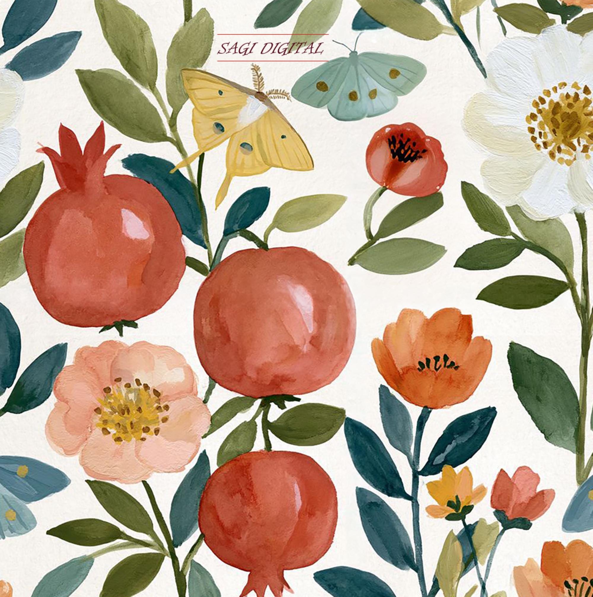 Pomegranate Floral Seamless Pattern, Painterly Poppy Moth Botanical Print, Commercial Use