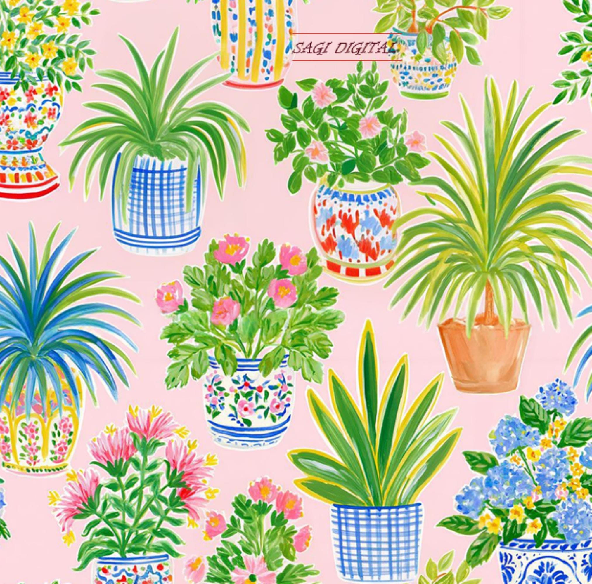 Potted Plants Seamless Pattern, Preppy Chinoiserie Garden Floral Print, Commercial Use