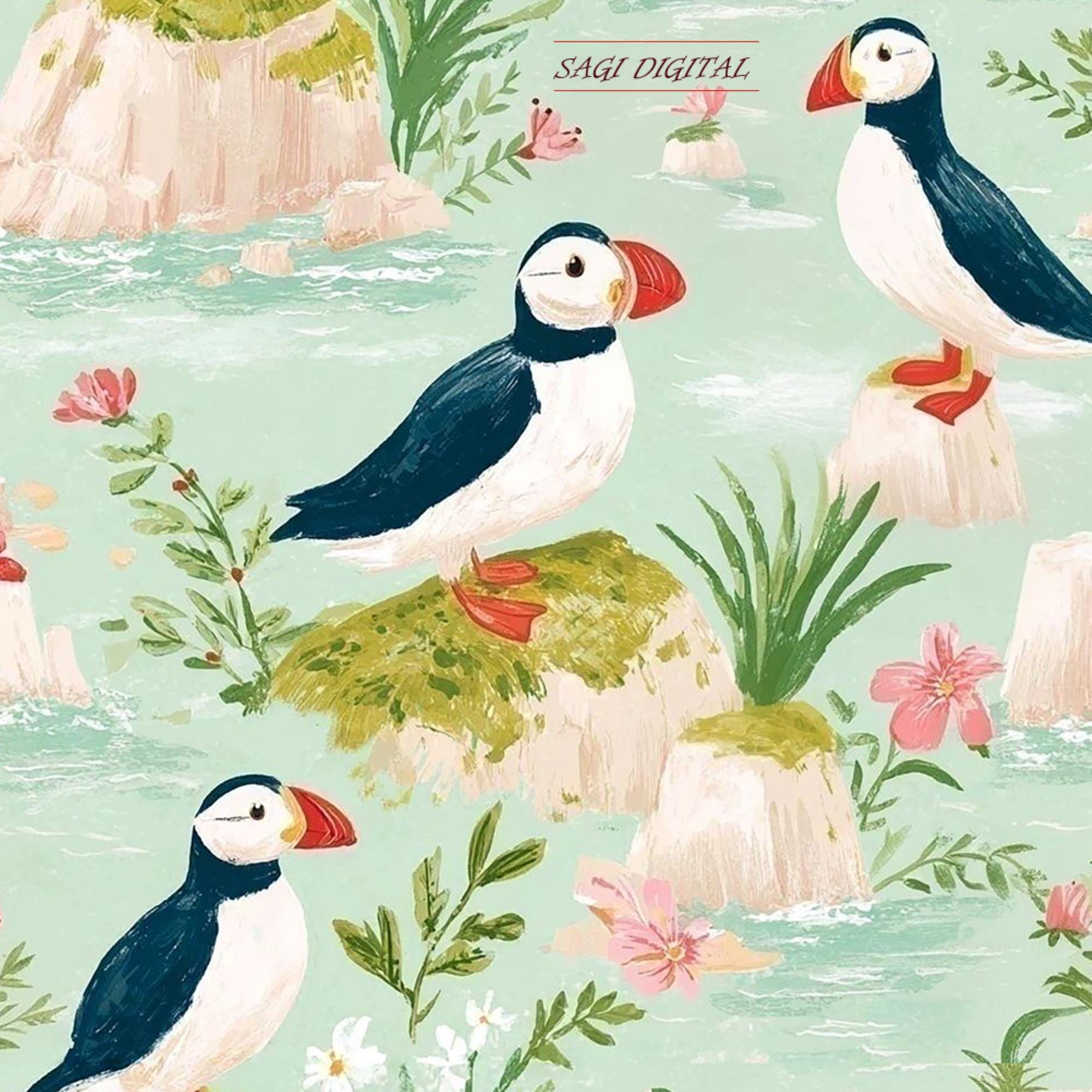Puffin Seamless Pattern, Coastal Seabird Floral Print, Commercial Use