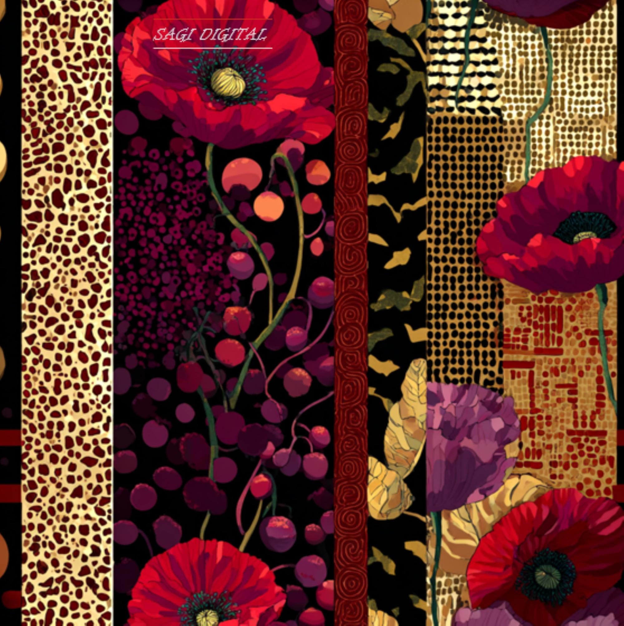 Maximalist Poppy Seamless Pattern, Bold Floral Stripe Fabric Design, Commercial Use