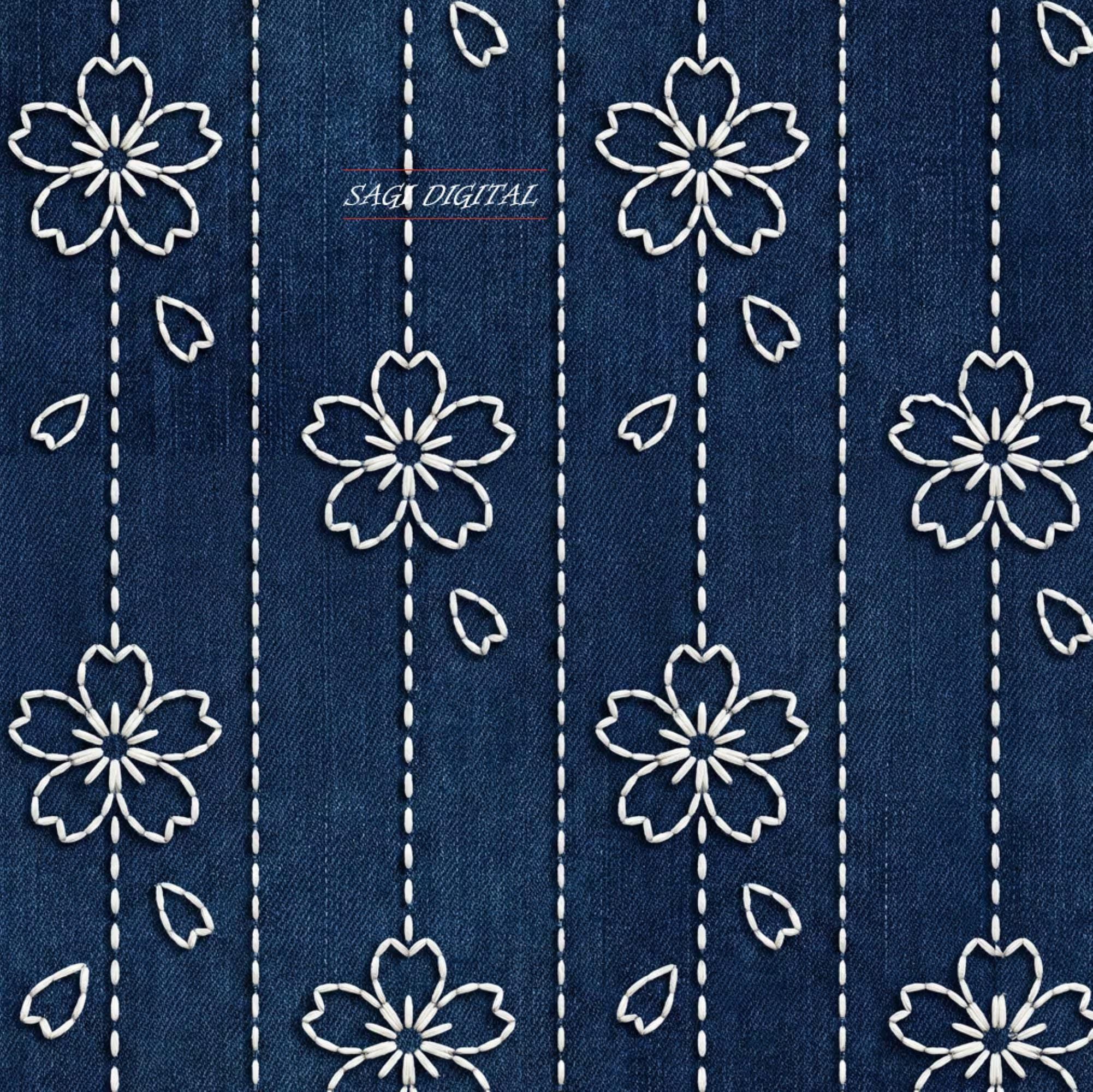 Sashiko Sakura Seamless Pattern, Japanese Cherry Blossom Print,  Commercial Use