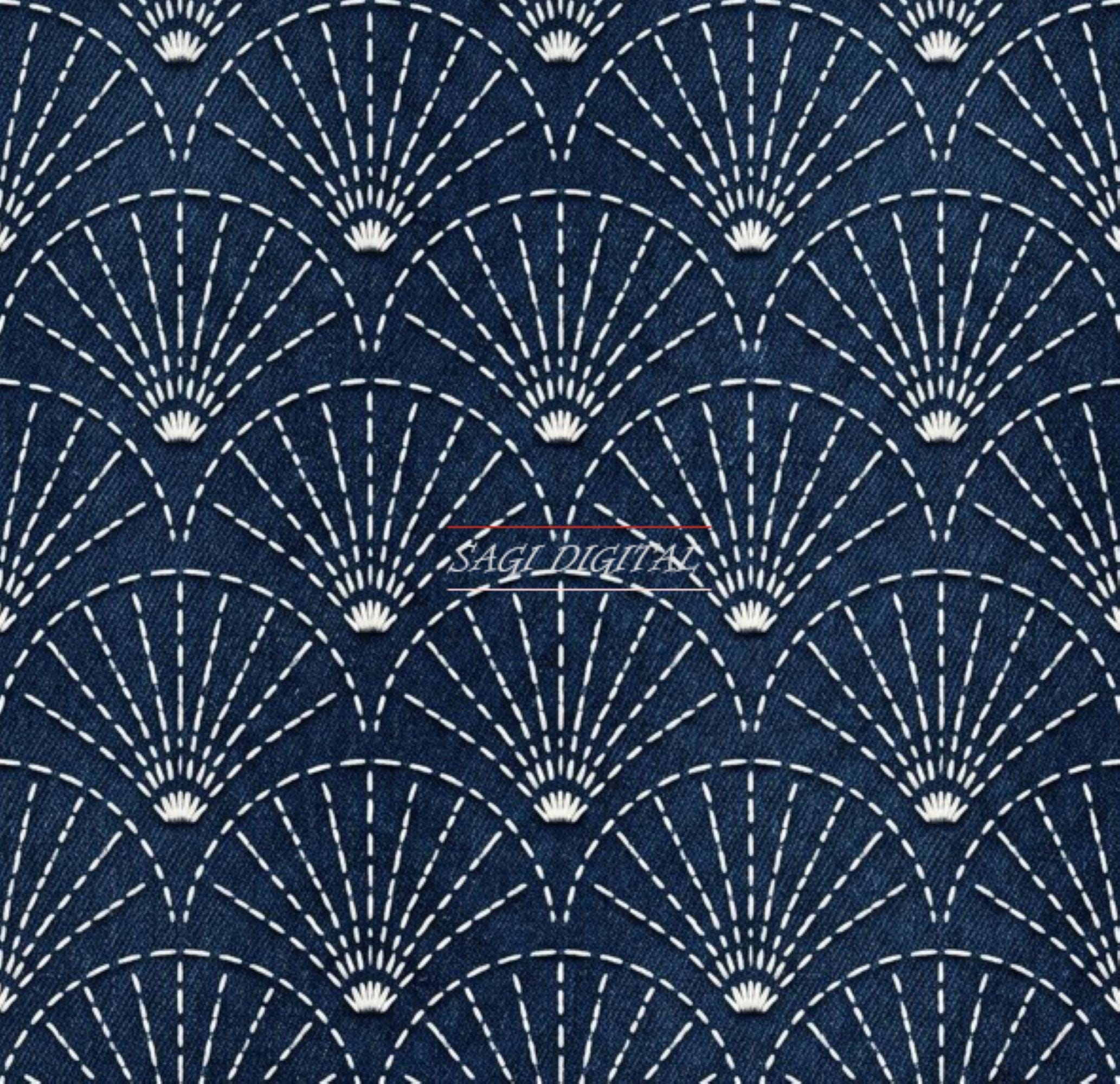 Sashiko Seigaiha Wave Seamless Pattern, Japanese Stitch Fabric Design, Commercial Use