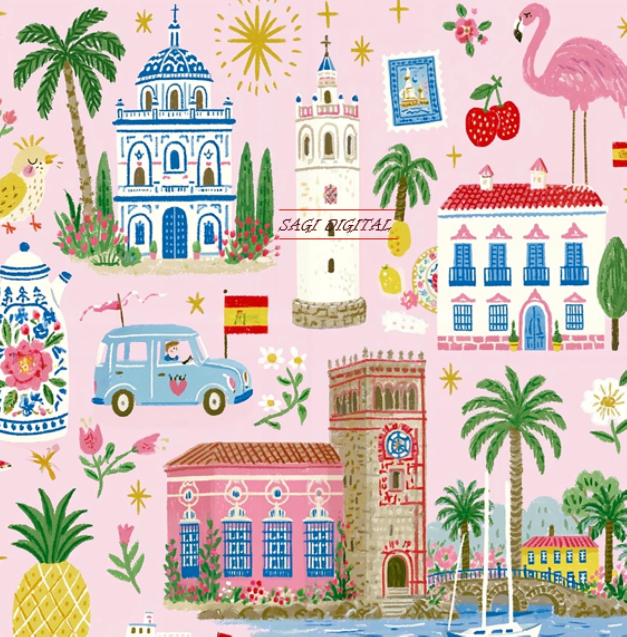 Spain Travel Seamless Pattern, Pink Preppy Mediterranean Decor, Commercial Use