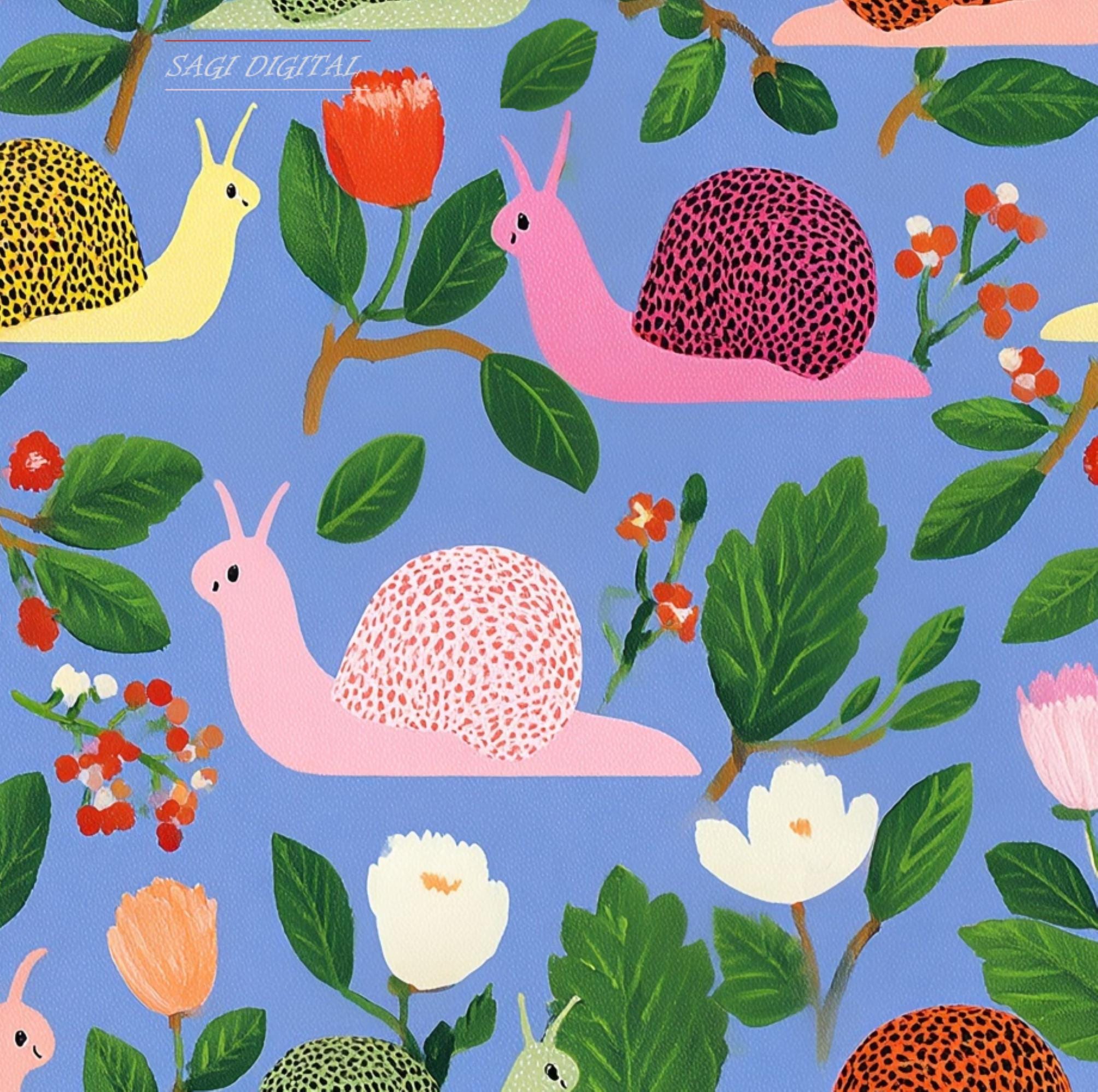 Spring Snail Seamless Pattern, Whimsical Garden Cottagecore Digital Paper, Commercial Use