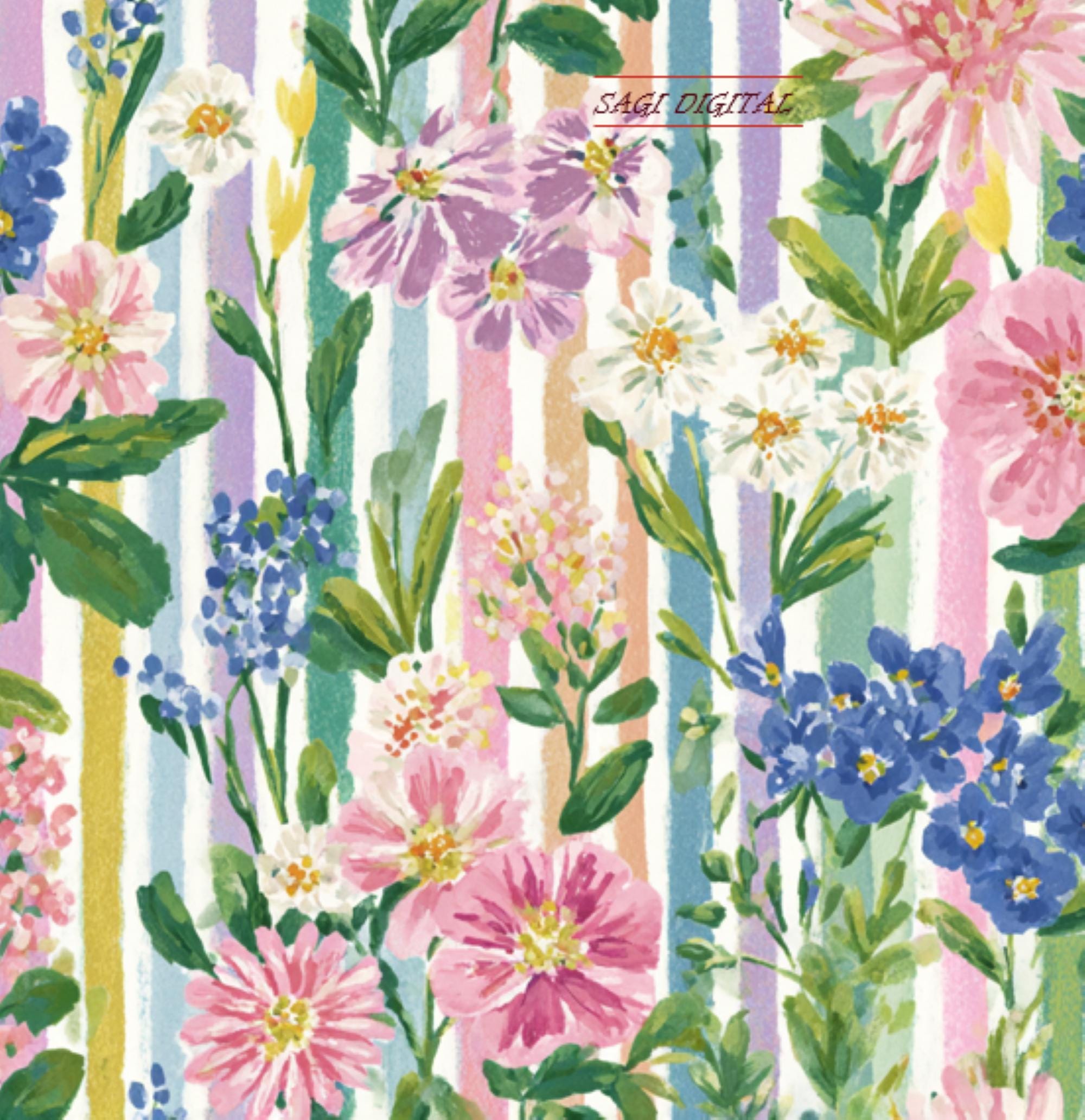 Spring Wildflower Seamless Pattern, Pastel Stripe Watercolor Digital Paper, Commercial Use