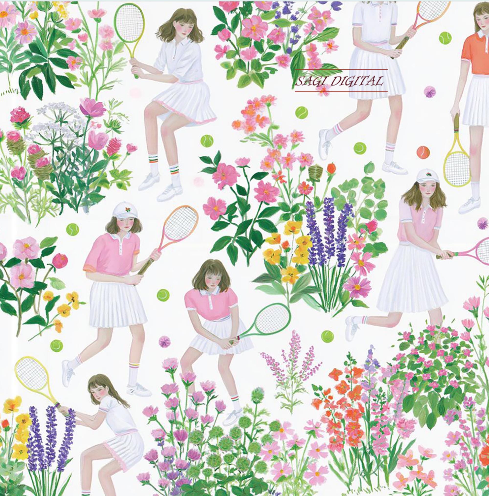 Tennis Girl Floral Seamless Pattern, Retro Preppy Wildflower Sport Print, Wallpaper Fabric Design, Commercial Use