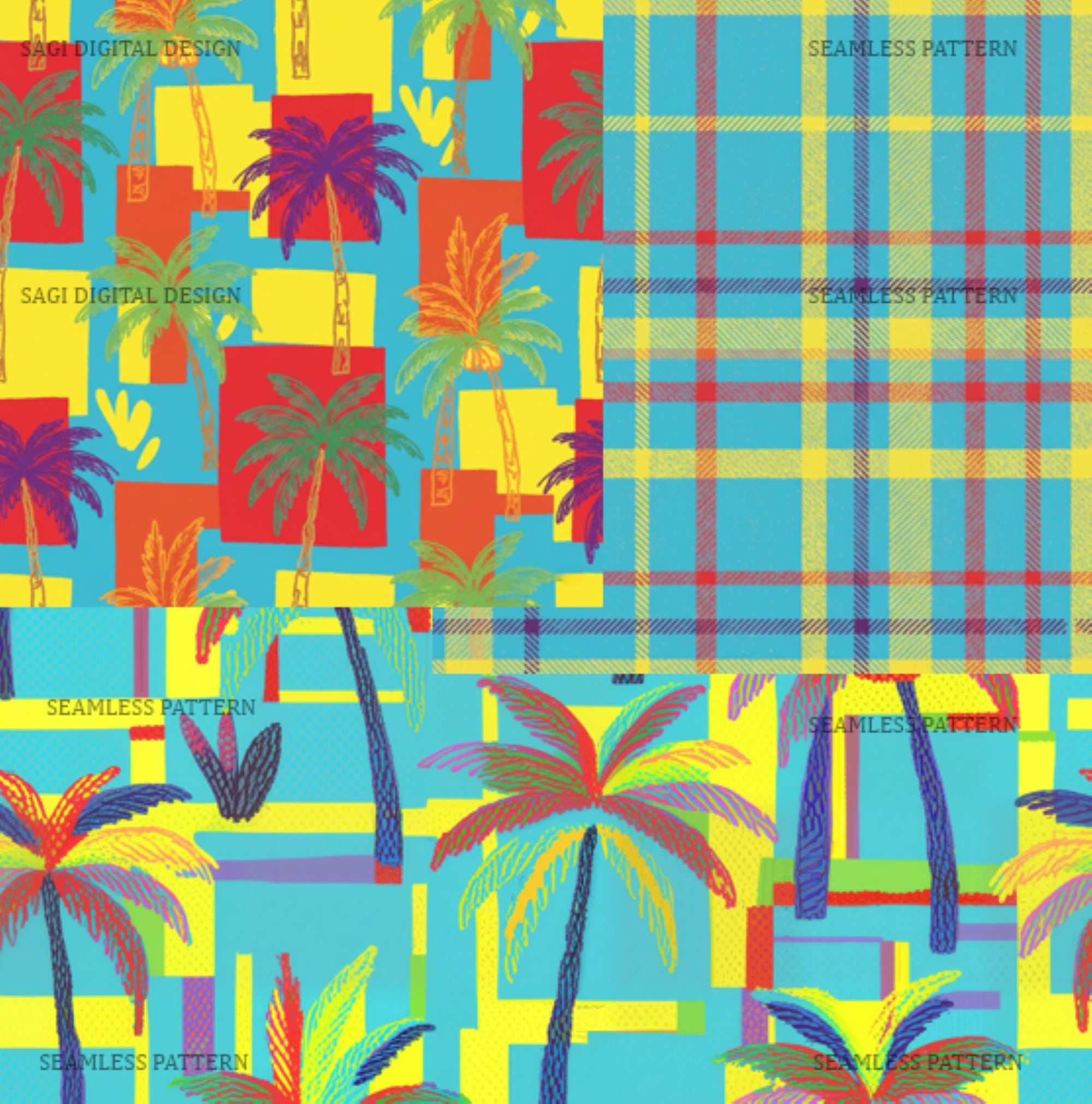 Retro Tropical Palm Tree Seamless Pattern Set, Madras Plaid Digital Paper, Commercial Use
