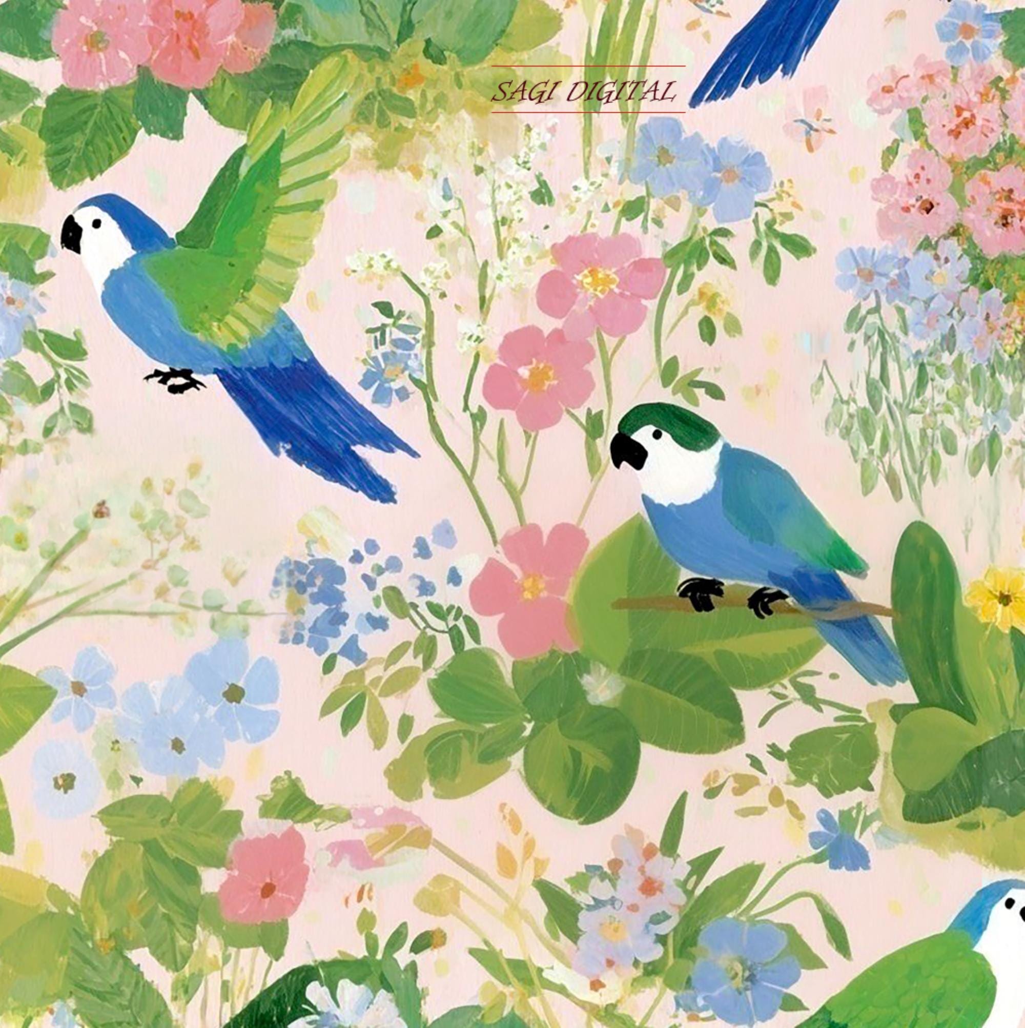 Tropical Parrot Seamless Pattern, Painterly Floral Bird Garden Print, Commercial Use