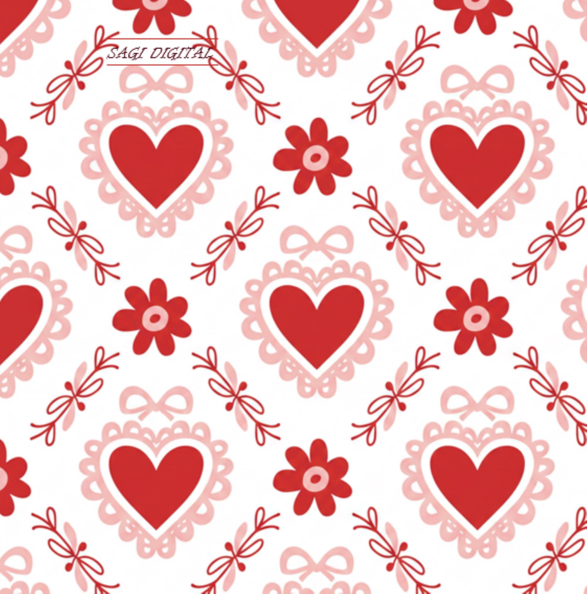 Valentine Red Heart Seamless Pattern with Flowers and Bows, Commercial Use