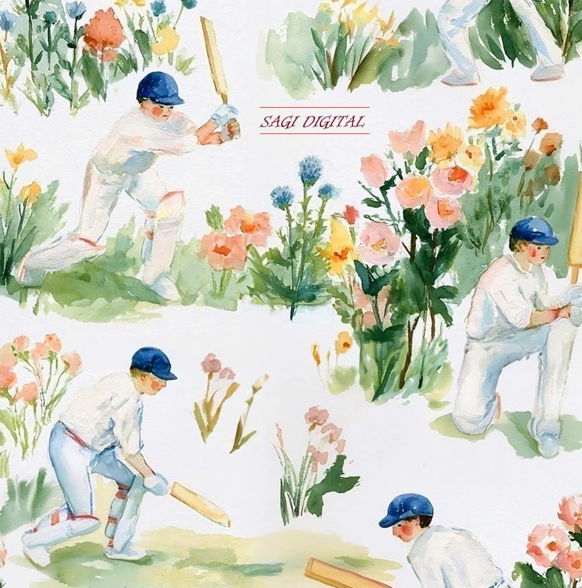 Vintage Cricket Seamless Pattern, Boys Nursery Sport Floral Print,  Wallpaper Fabric Design, Commercial Use