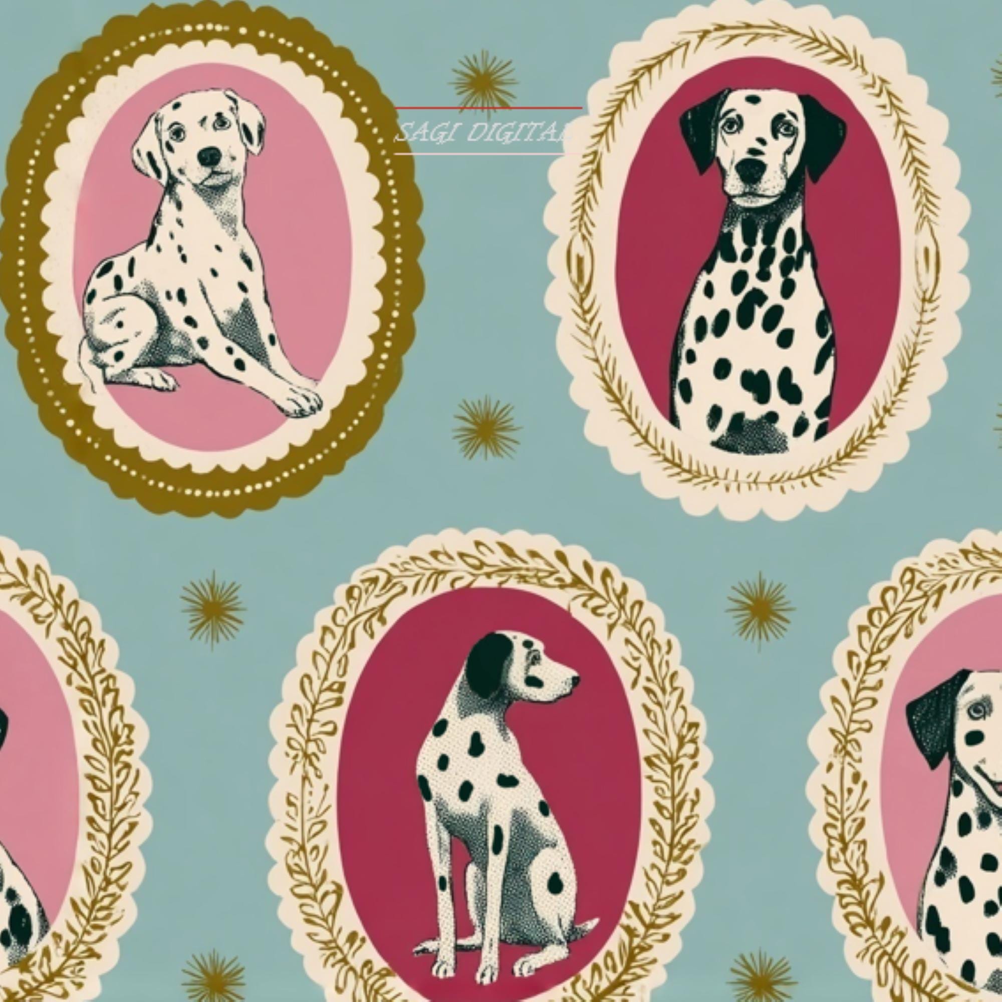 Vintage Dalmatian Portrait Seamless Pattern, Victorian Dog Cameo Digital Paper, Commercial Use