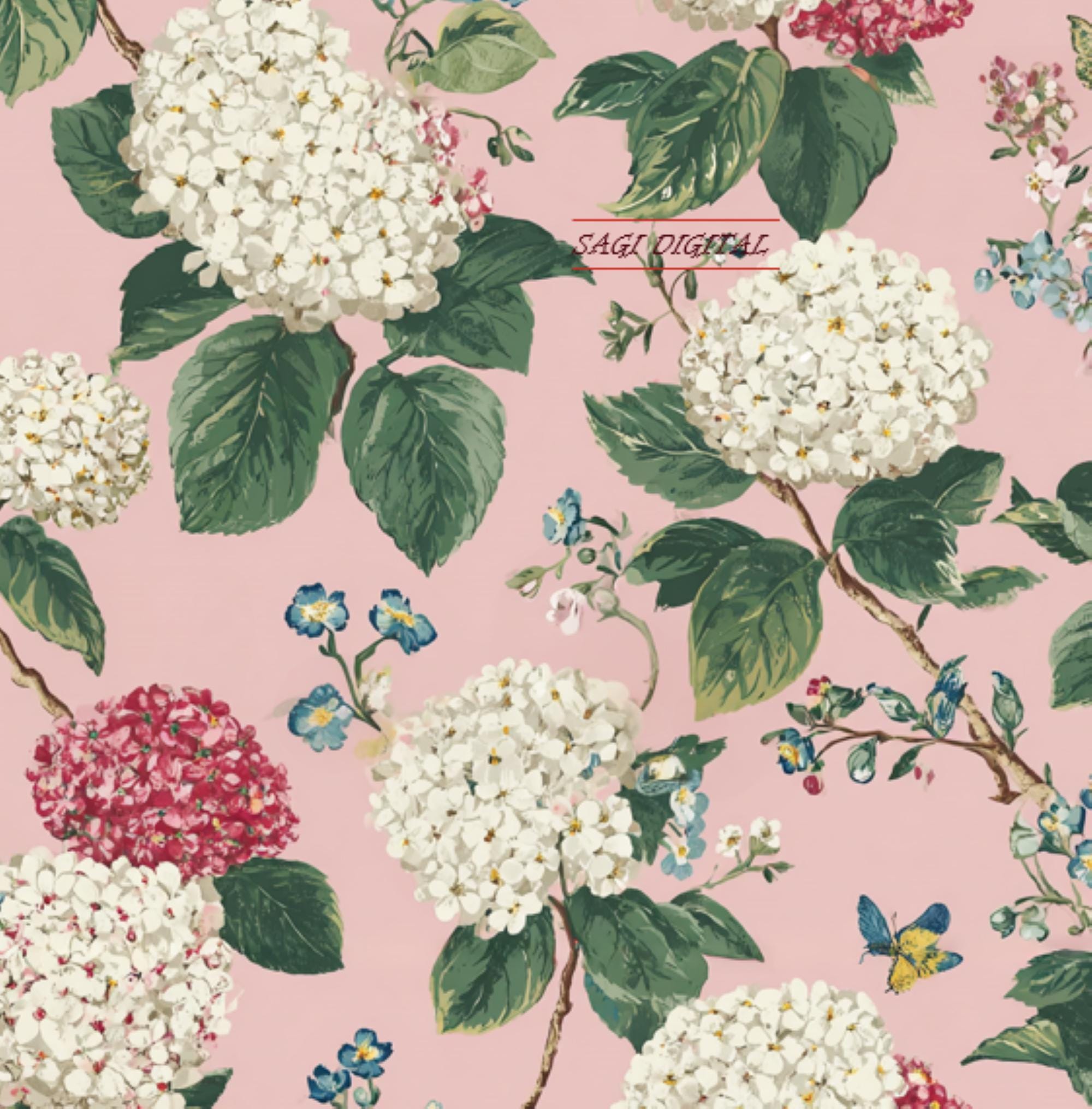 Vintage Hydrangea Seamless Pattern, Pink Floral Digital Paper, Commercial Use