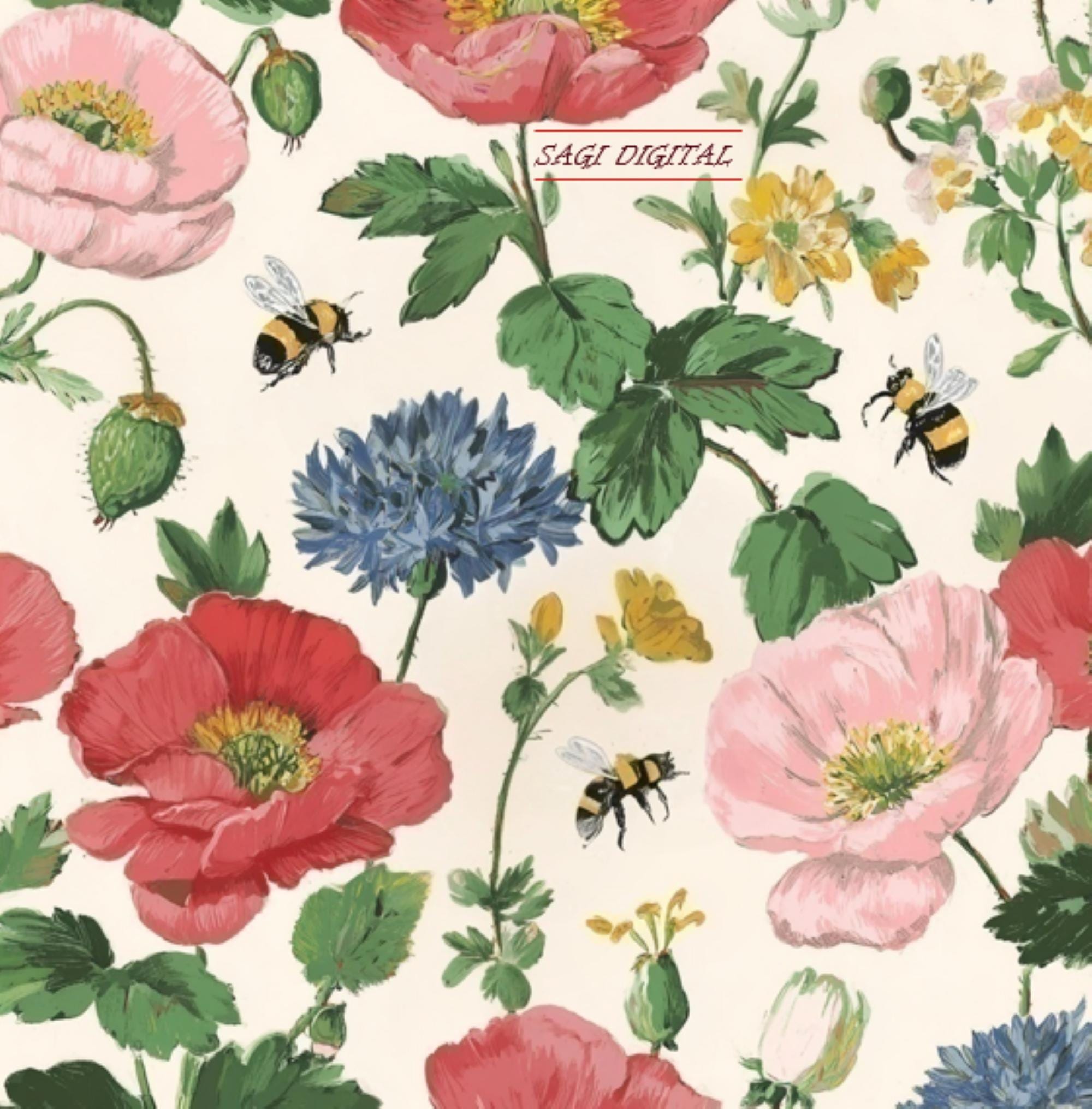 Vintage Poppy Seamless Pattern, Poppies and Bees Digital Paper, Cottagecore Fabric, Commercial Use