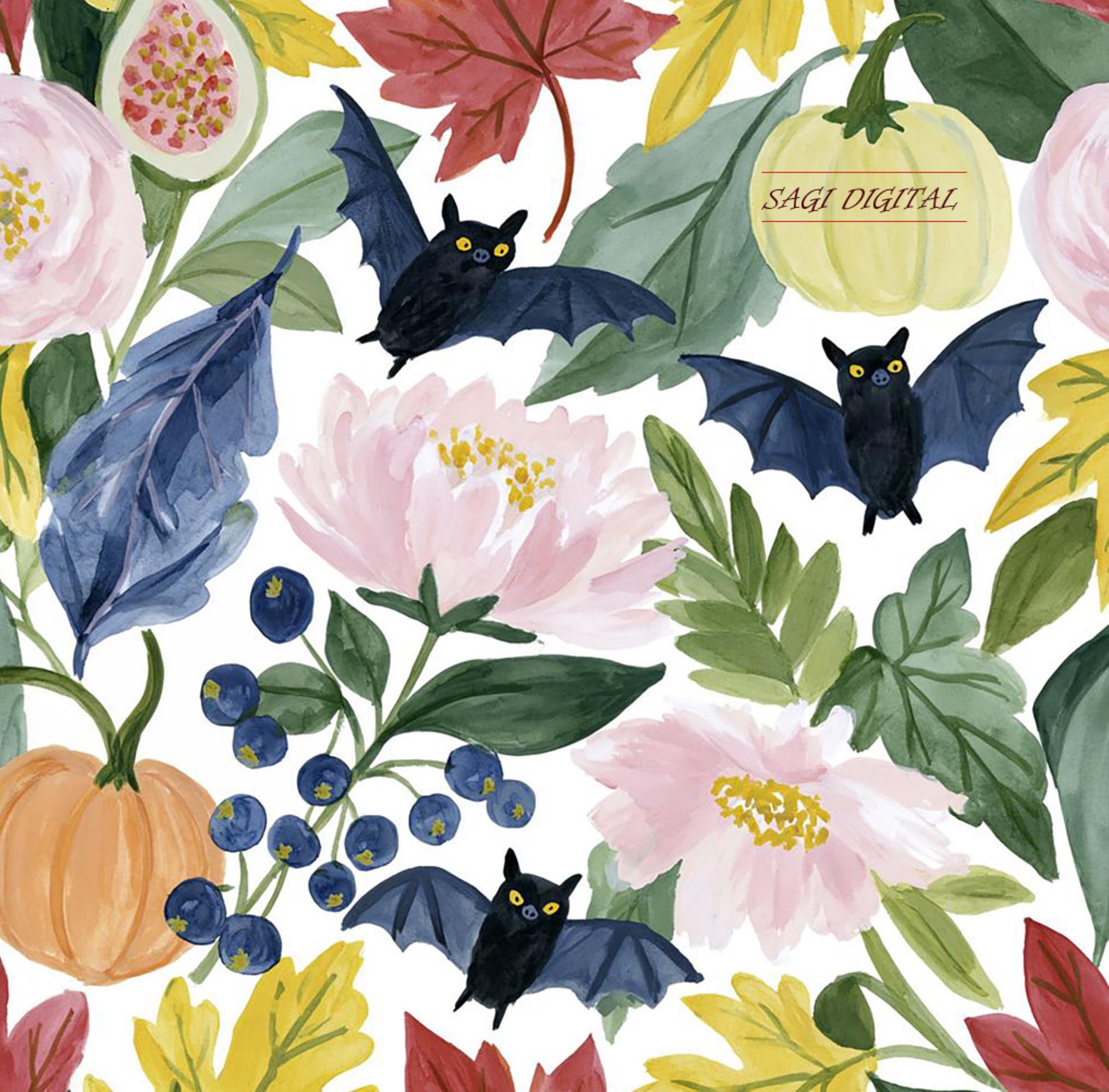 Watercolor Bat Floral Seamless Pattern, Halloween Autumn Peony Pumpkin Print, Commercial Use