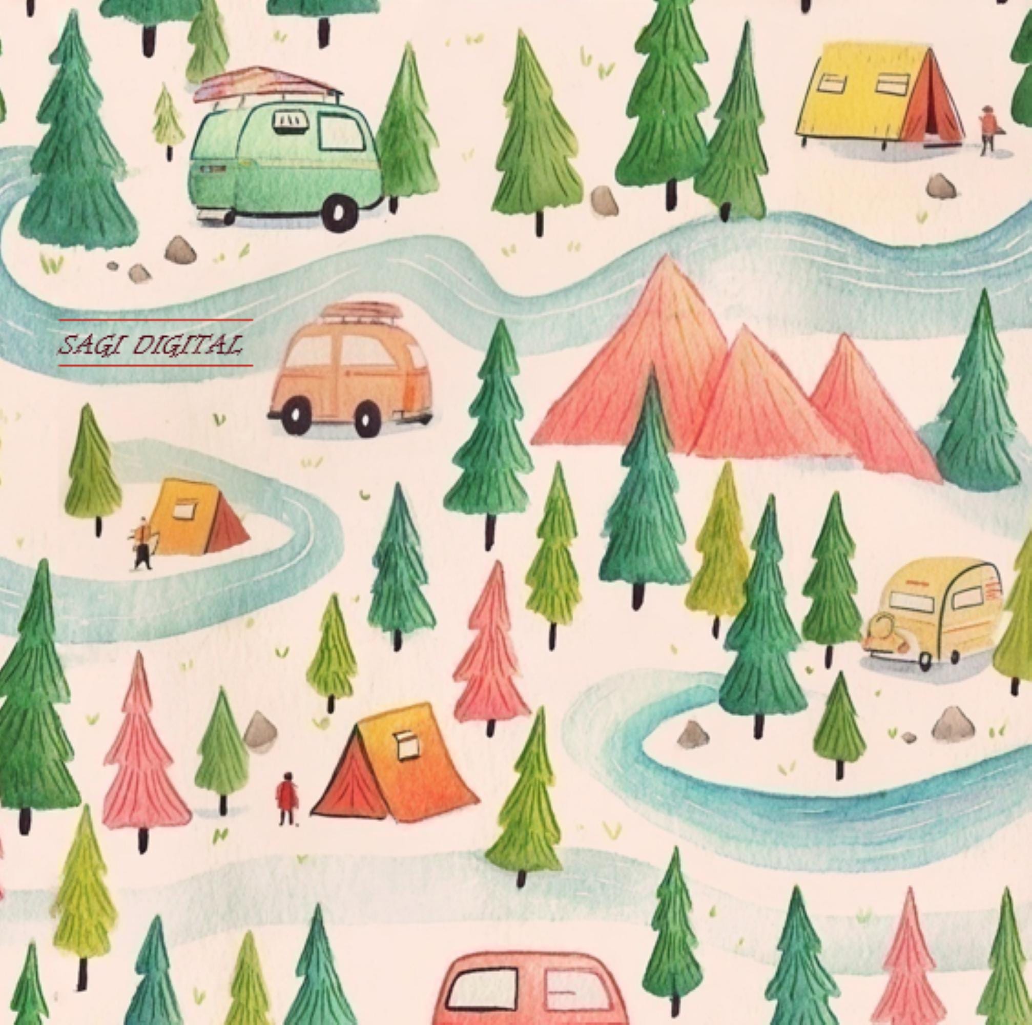 Watercolor Camping Seamless Pattern,  Forest Adventure Colourful Fabric Design