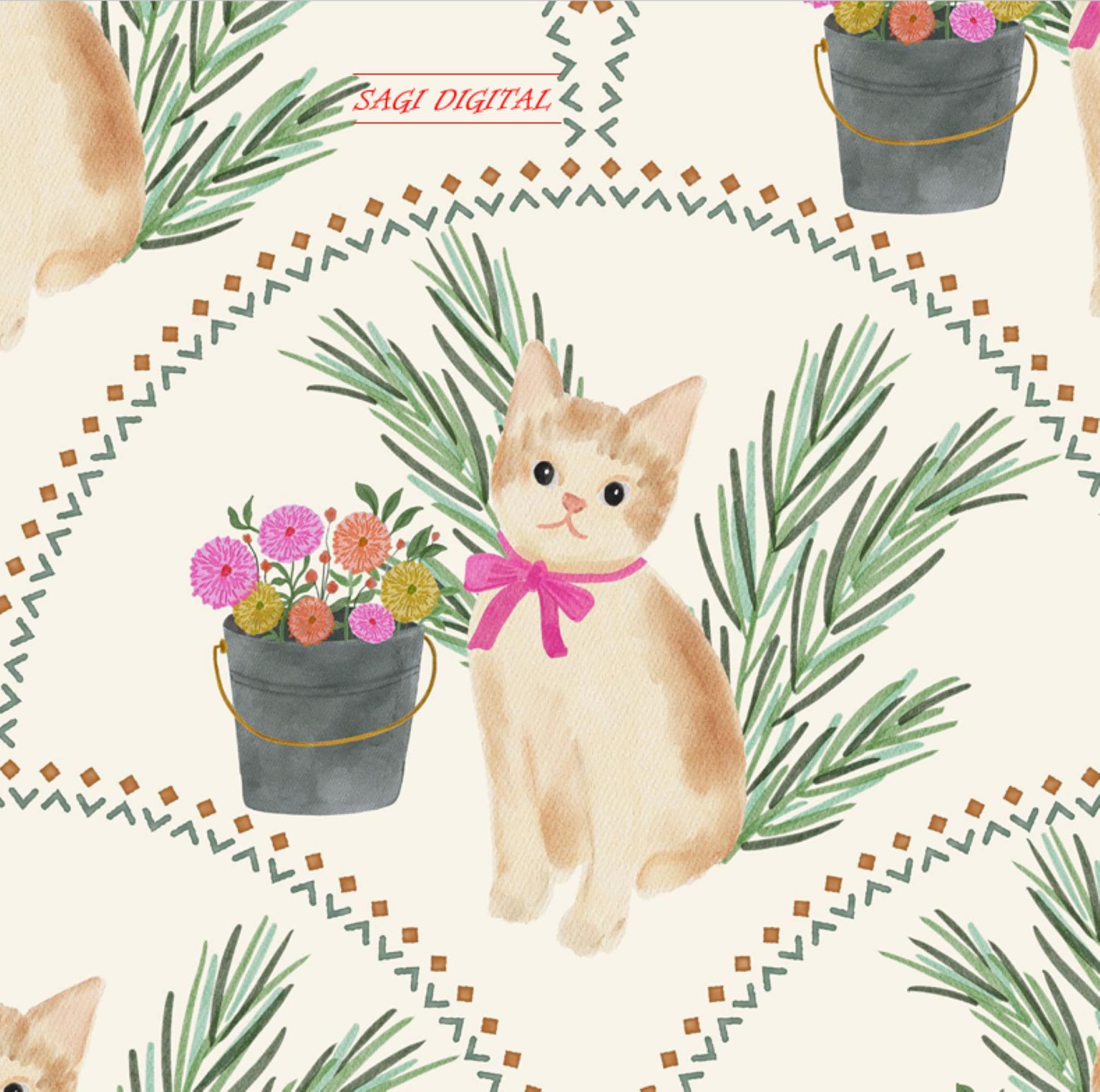 Watercolor Cat Seamless Pattern, Flower Bucket Trellis, Commercial Use