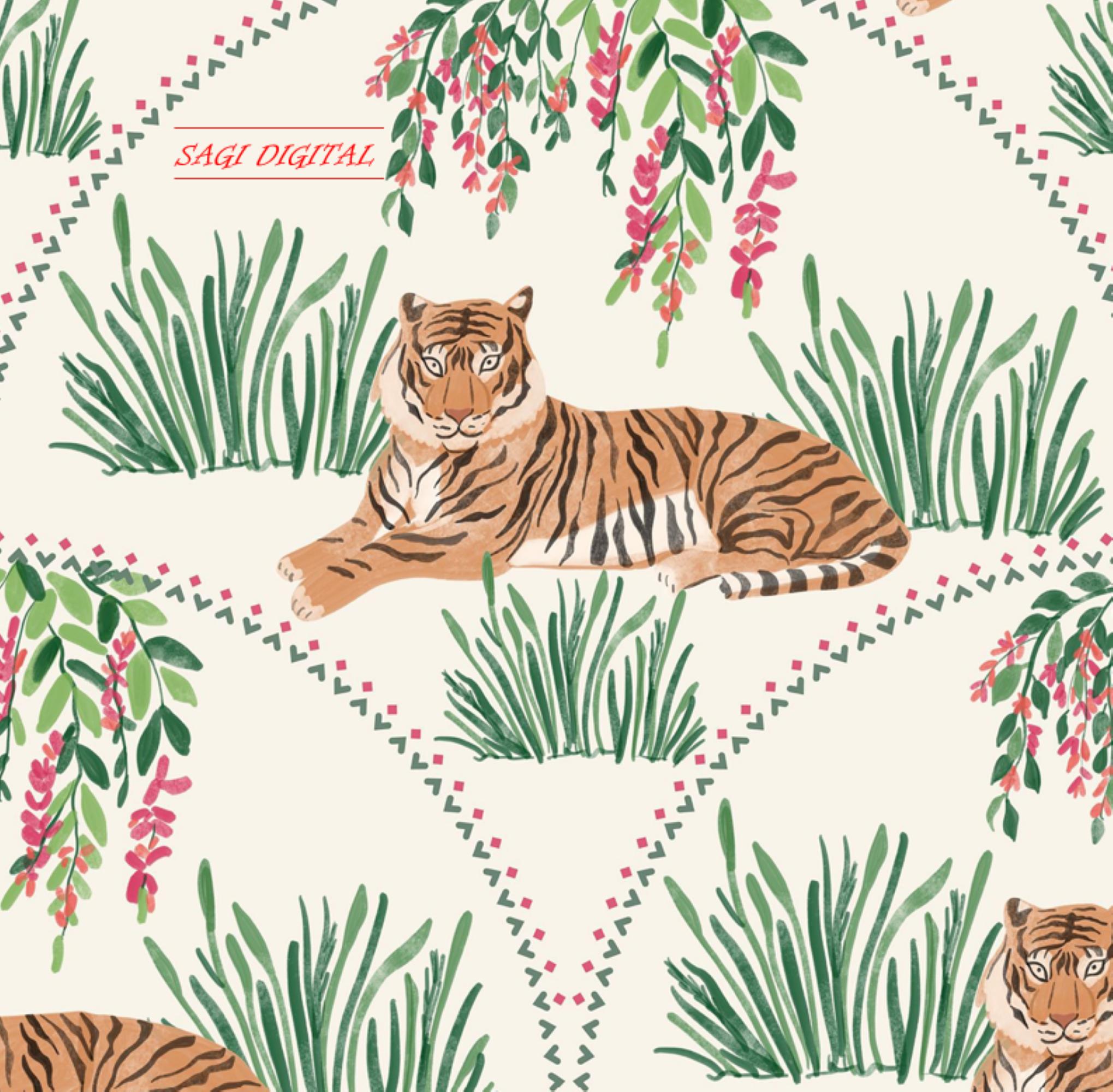 Tiger Seamless Pattern, Jungle Trellis Fabric Design, Commercial Use