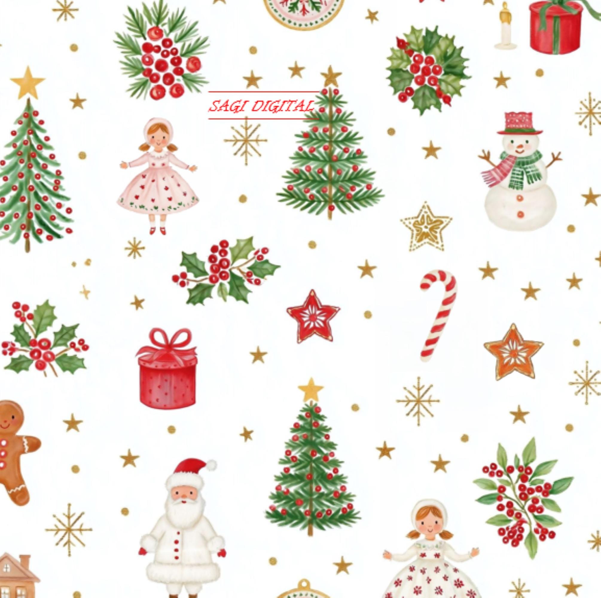 Watercolor Christmas Seamless Pattern, Santa Gingerbread Fabric Design, Commercial Use