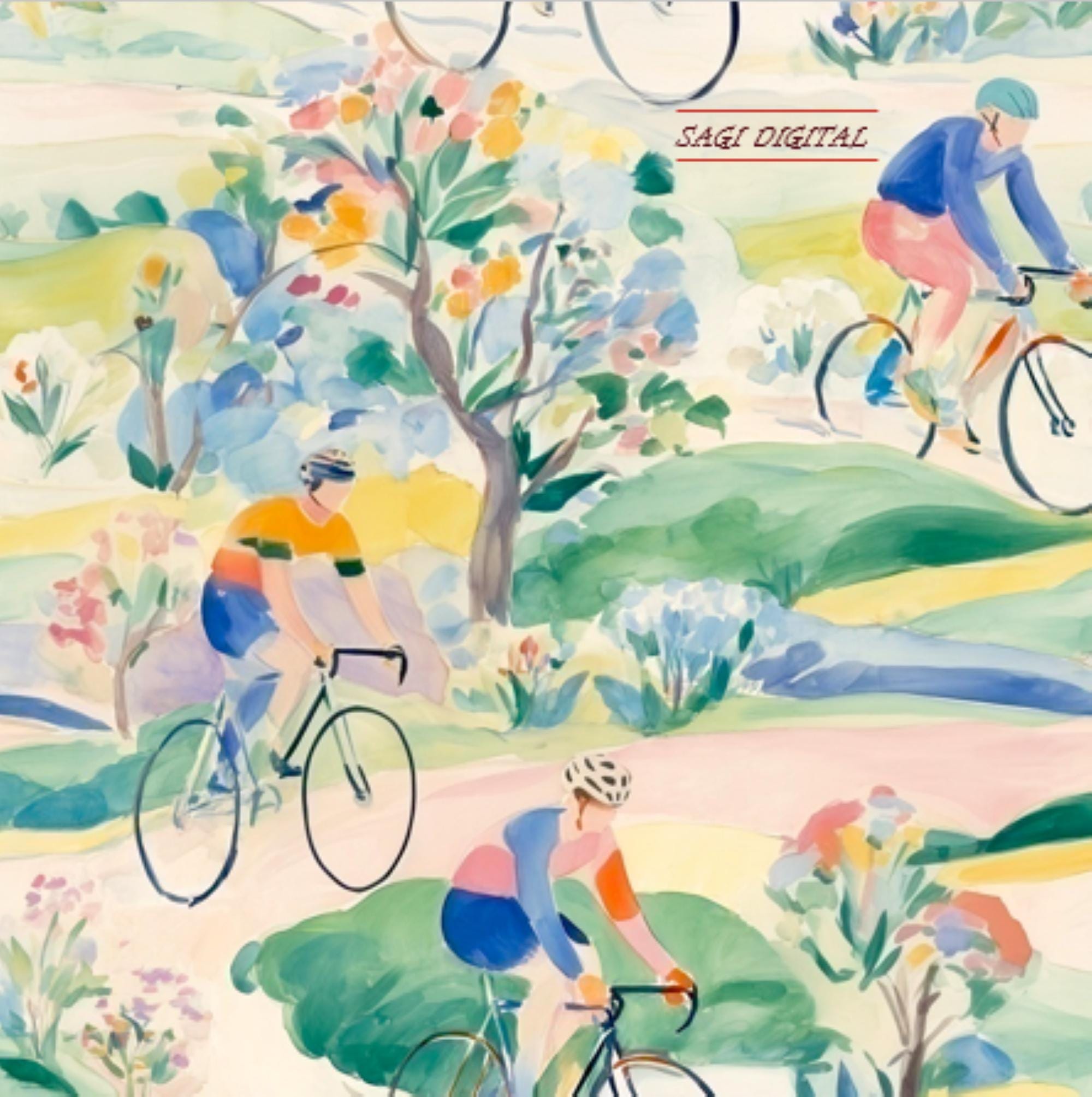 Watercolor Cyclist Seamless Pattern, Colorful Bicycle Fabric Design, Whimsical Summer Sports Digital Paper