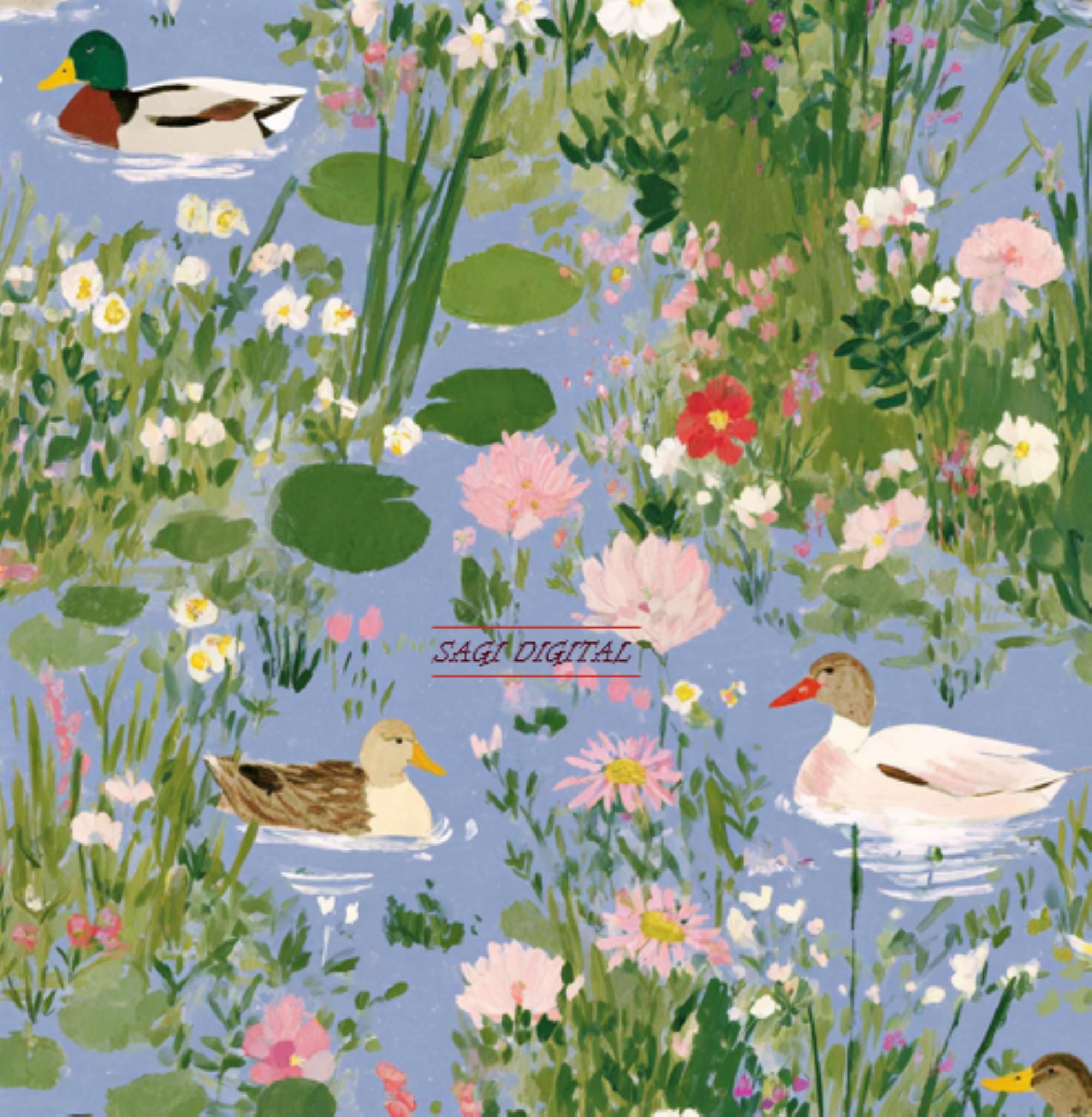 Watercolor Duck Pond Seamless Pattern, Mallard Cosmos Gouache Digital Paper, Commercial Use
