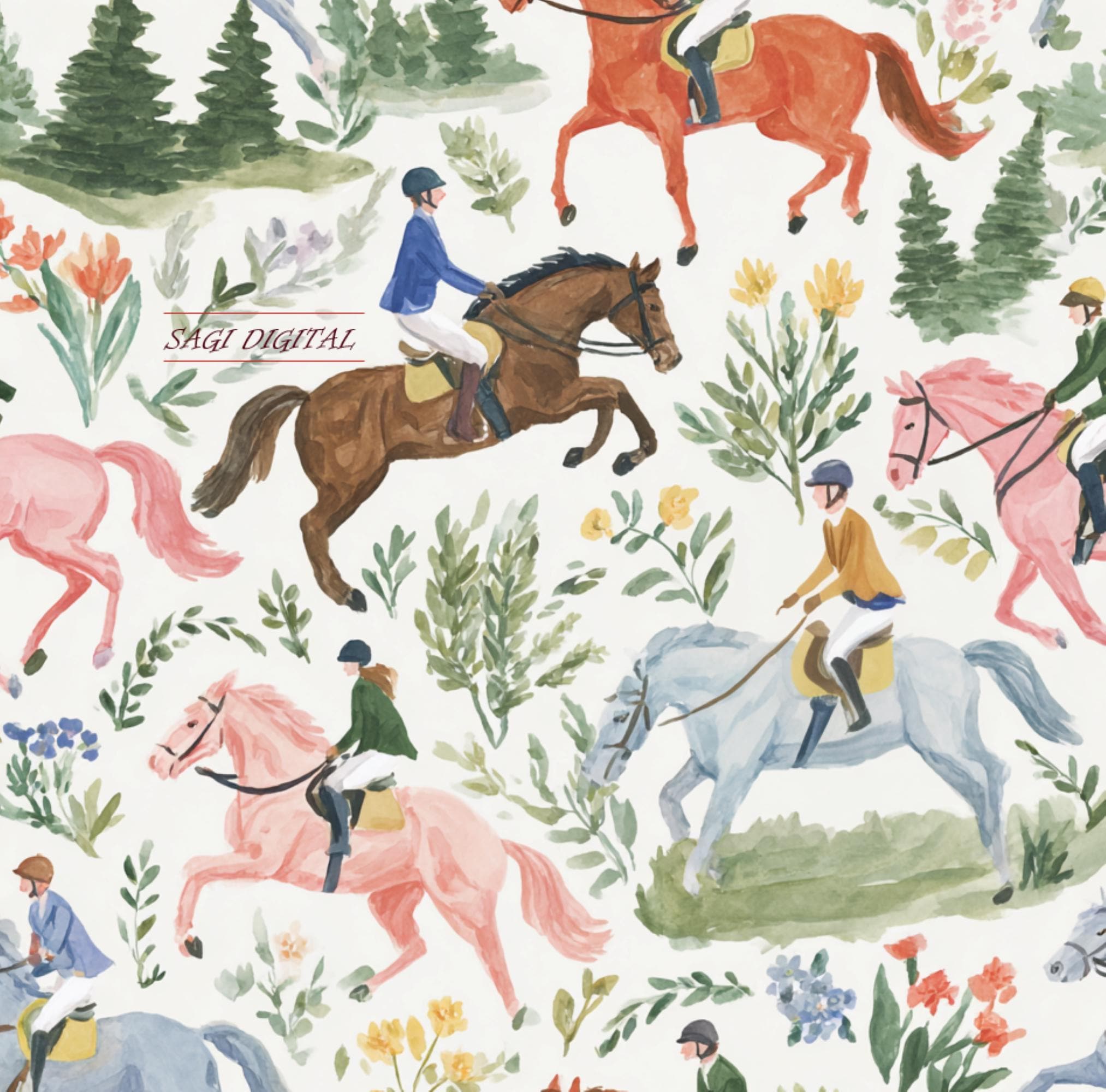 Watercolor Equestrian Seamless Pattern—Horse Riding Fabric Design—Countryside Preppy Decor