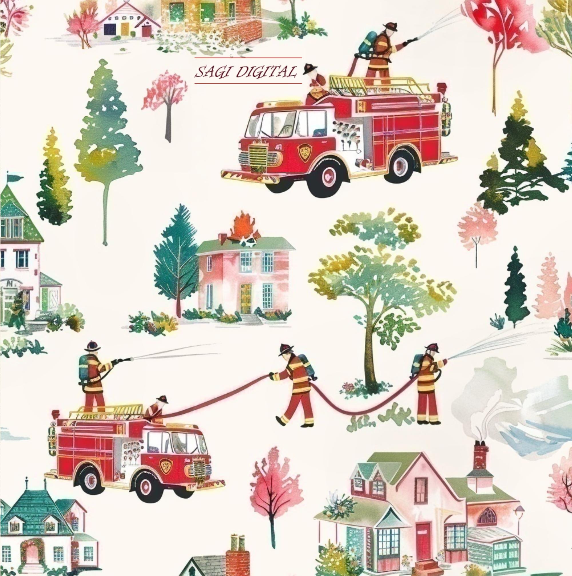 Watercolor Fire Truck Seamless Pattern, Firefighter Boys Nursery Print,  Wallpaper Fabric Design, Commercial Use