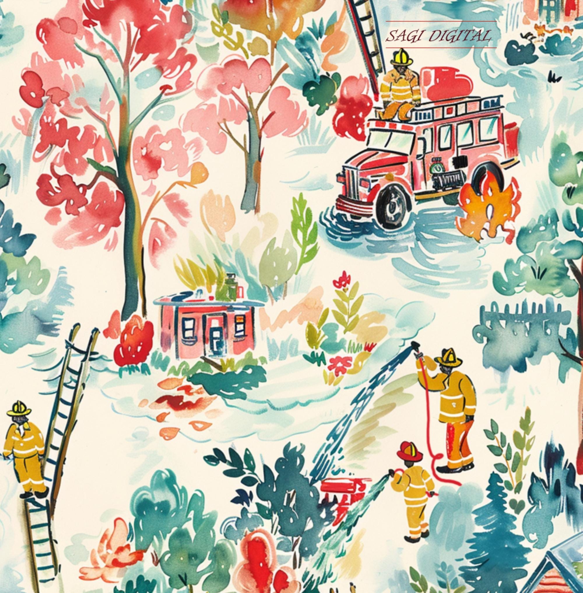 Watercolor Firefighter Seamless Pattern, Fire Truck Boys Kids Print,  Wallpaper Fabric Design, Commercial Use