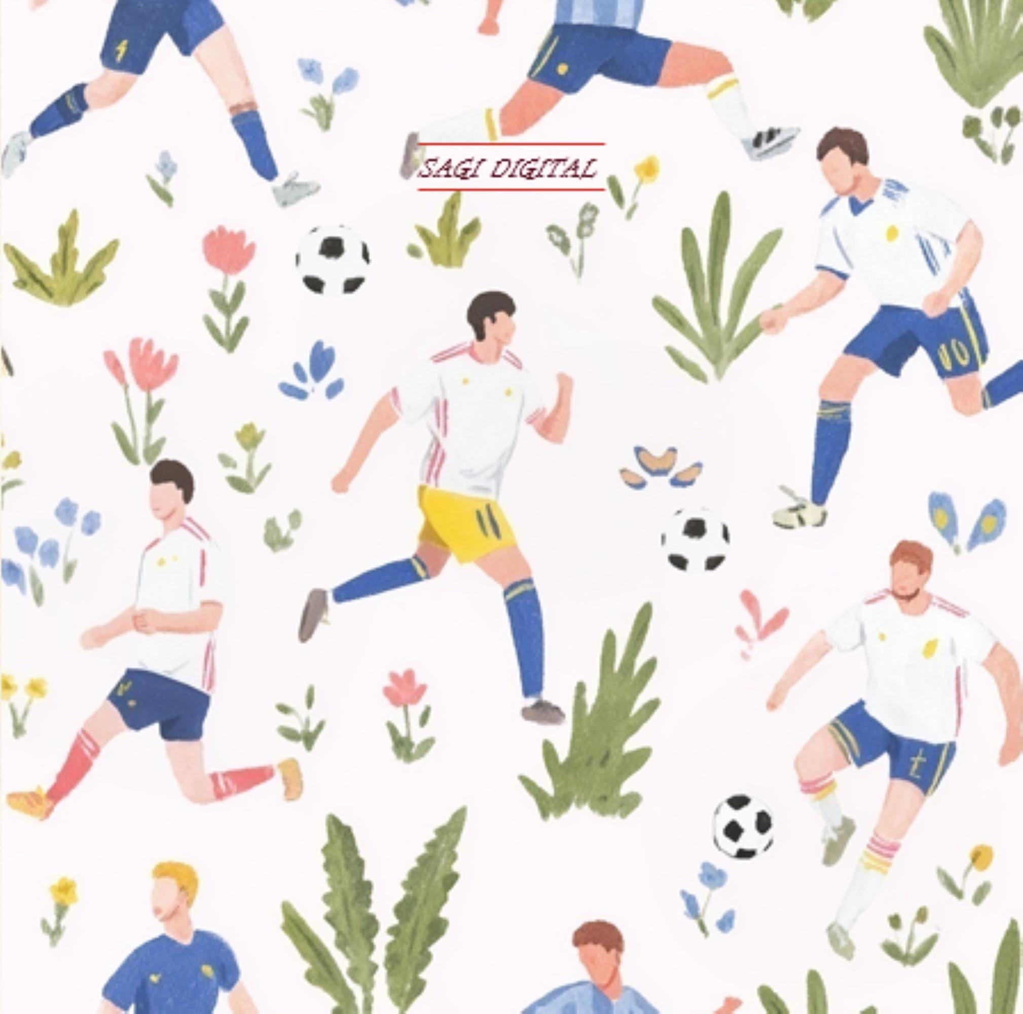 Watercolor Football Seamless Pattern—Soccer Player Fabric Design—Floral Botanical Preppy Nursery Decor