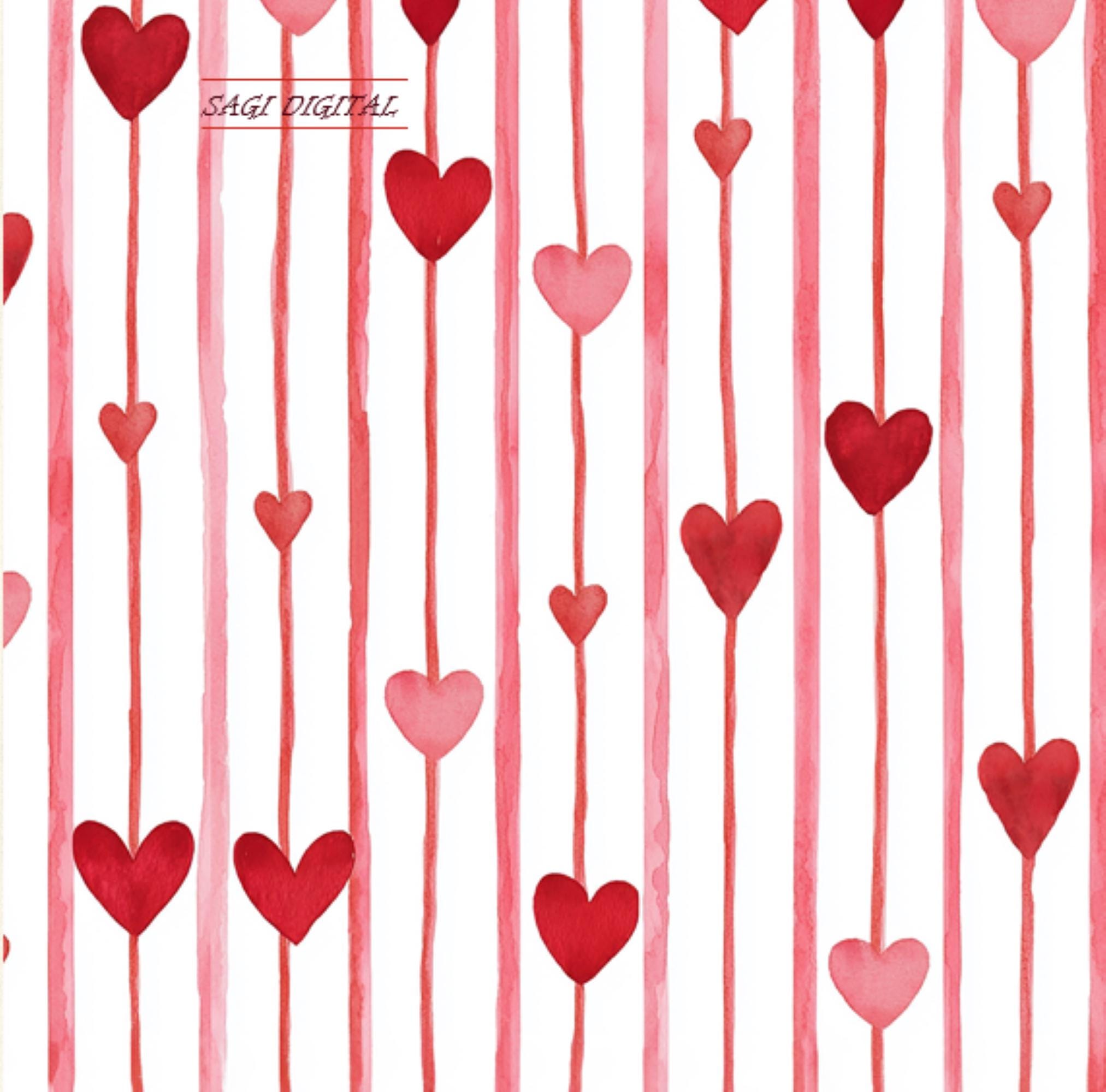 Watercolor Hanging Hearts Digital Paper, Red Stripe Valentine Pattern, Commercial Use