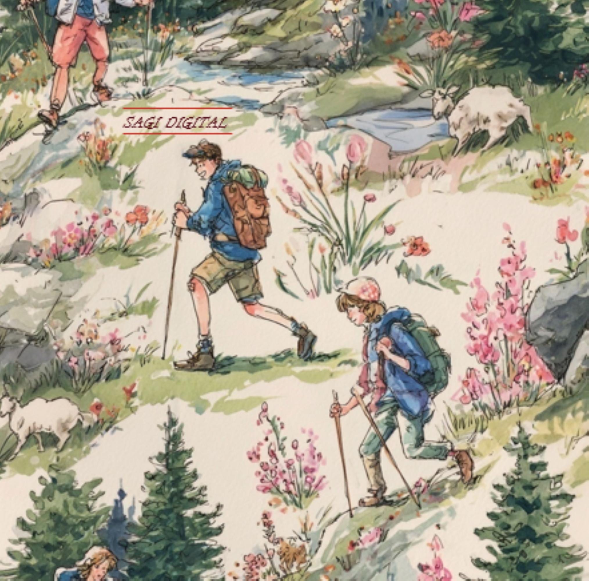 Watercolor Hiking Seamless Pattern—Alpine Mountain Fabric Design—Countryside Trekking Decor