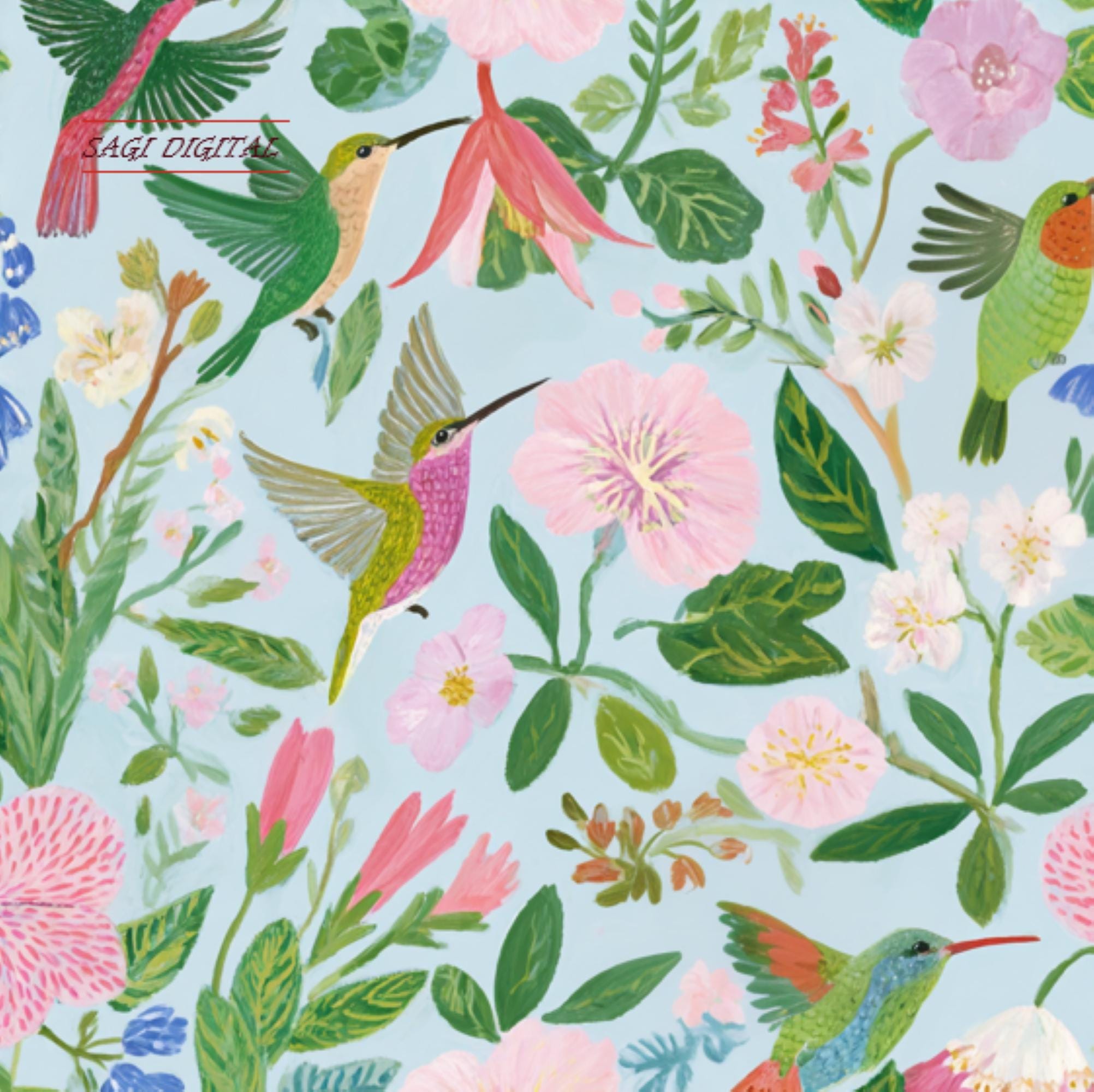 Watercolor Hummingbird Seamless Pattern, Wild Rose Bluebell Digital Paper, Commercial Use