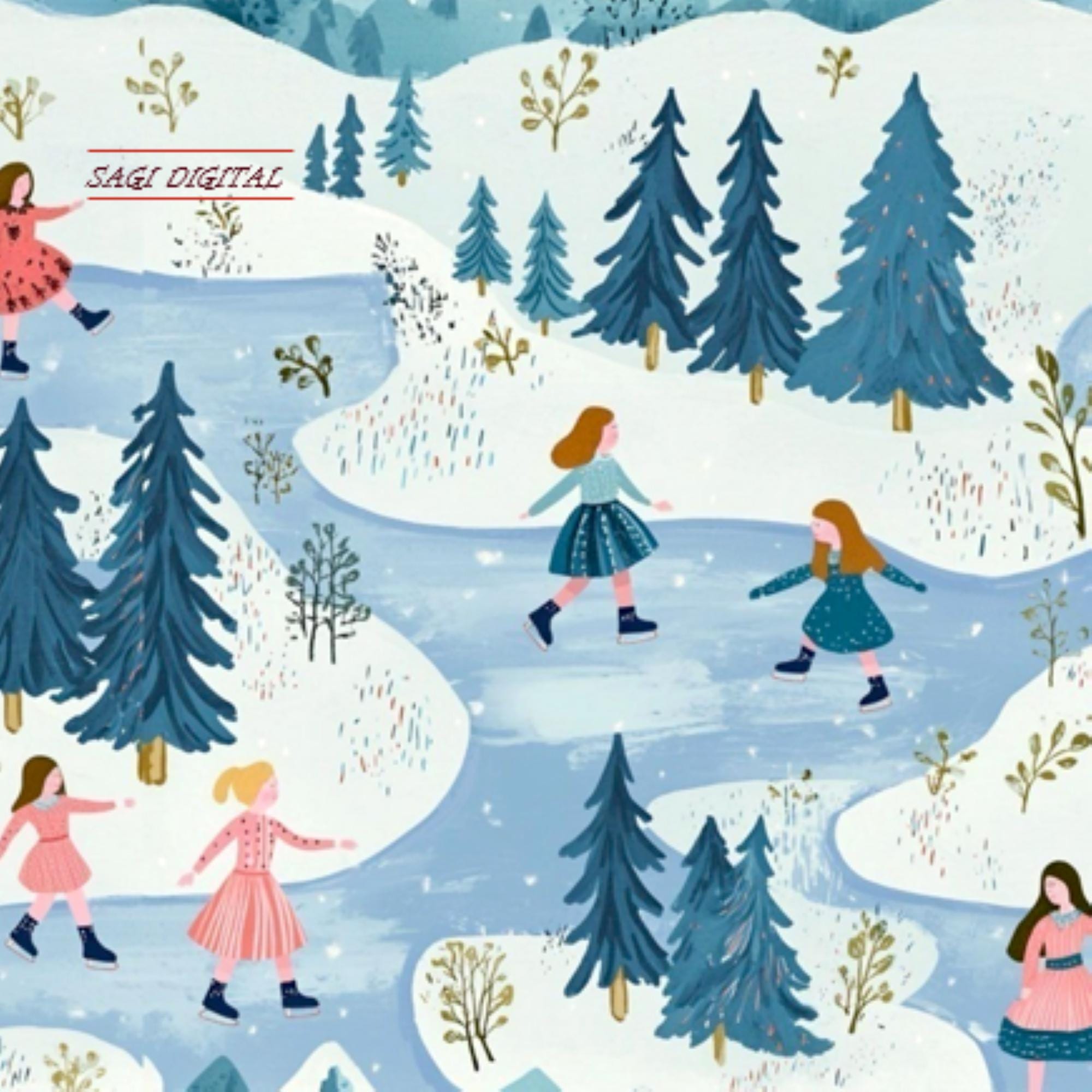 Watercolor Ice Skating Seamless Pattern, Winter Forest Fabric Design, Commercial Use