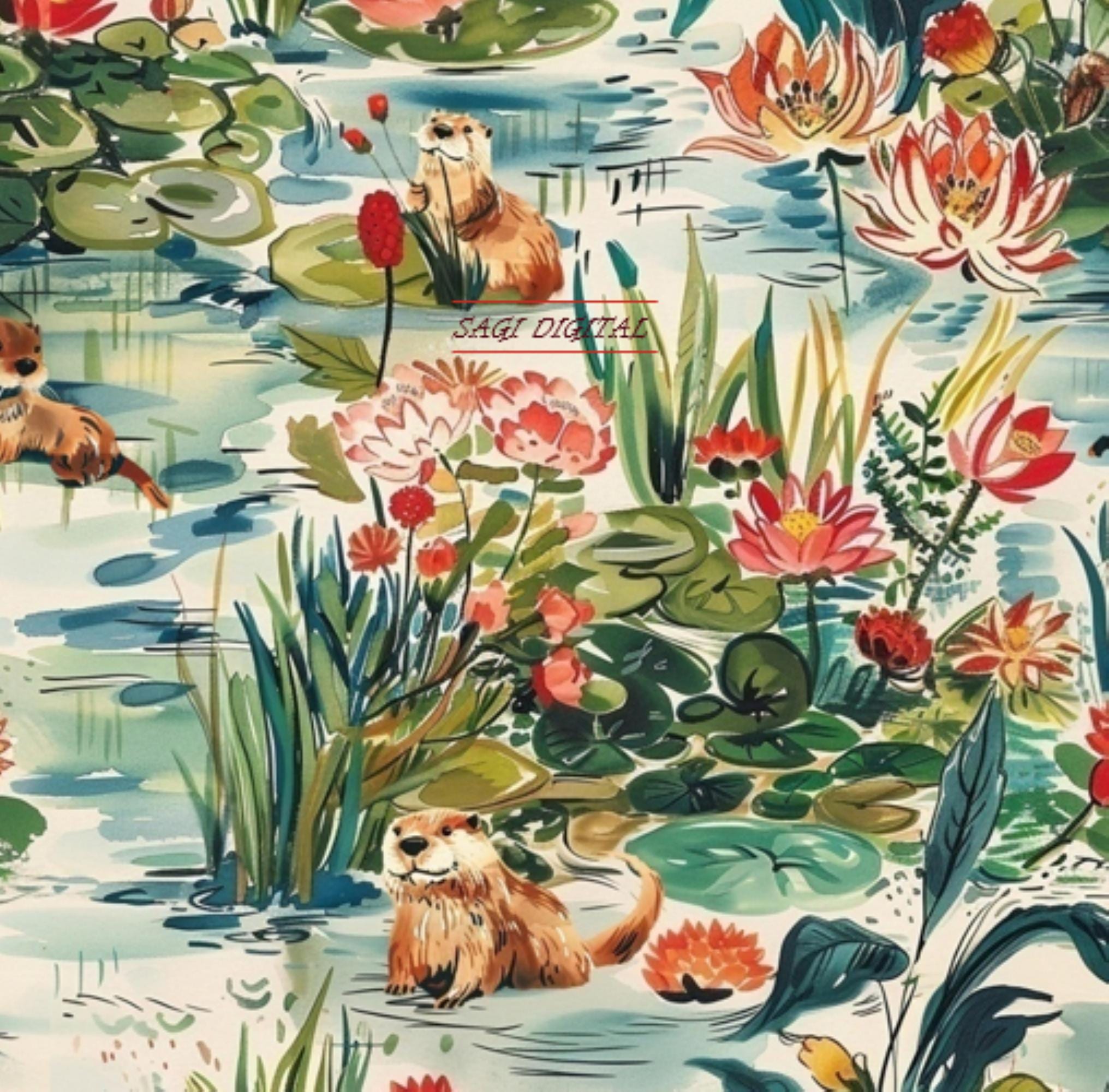 Watercolor Otter Pond Seamless Pattern, Nursery Nature Decor, Commercial Use