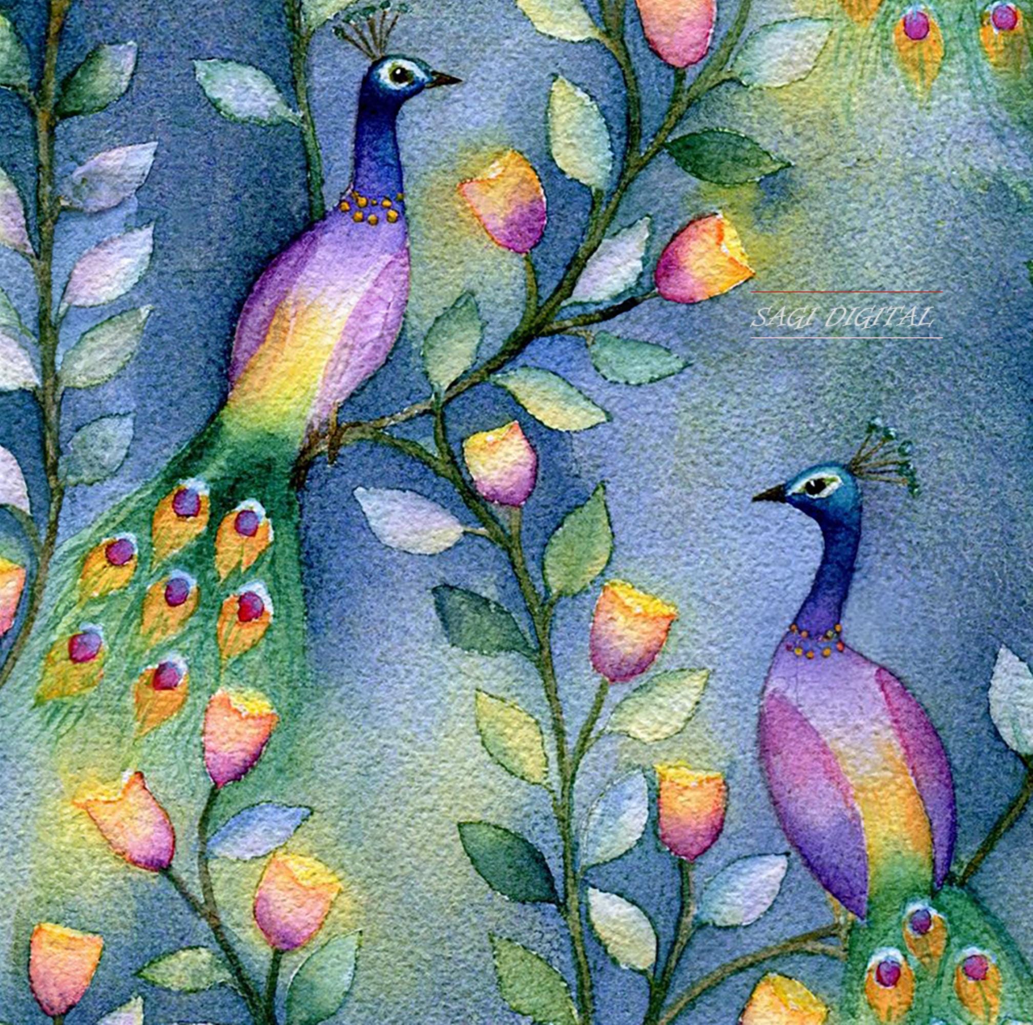 Watercolor Peacock Seamless Pattern, Whimsical Floral Bird Print, Commercial Use