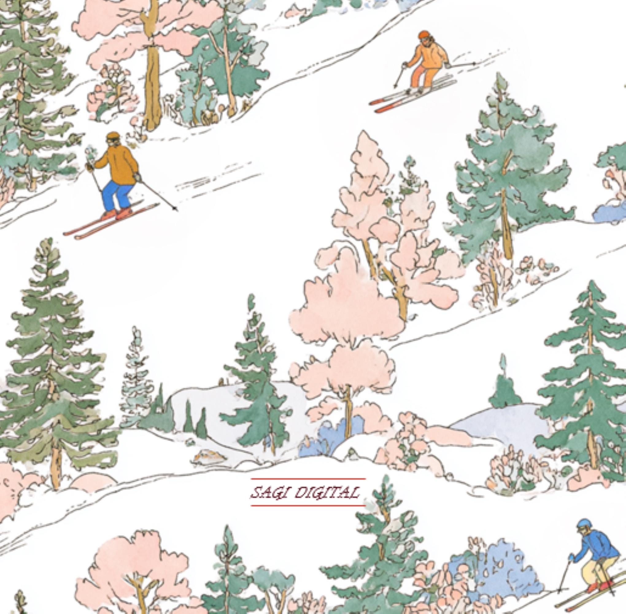 Watercolor Ski Seamless Pattern — Alpine Winter Forest Fabric Design — Ski Lodge Christmas Decor