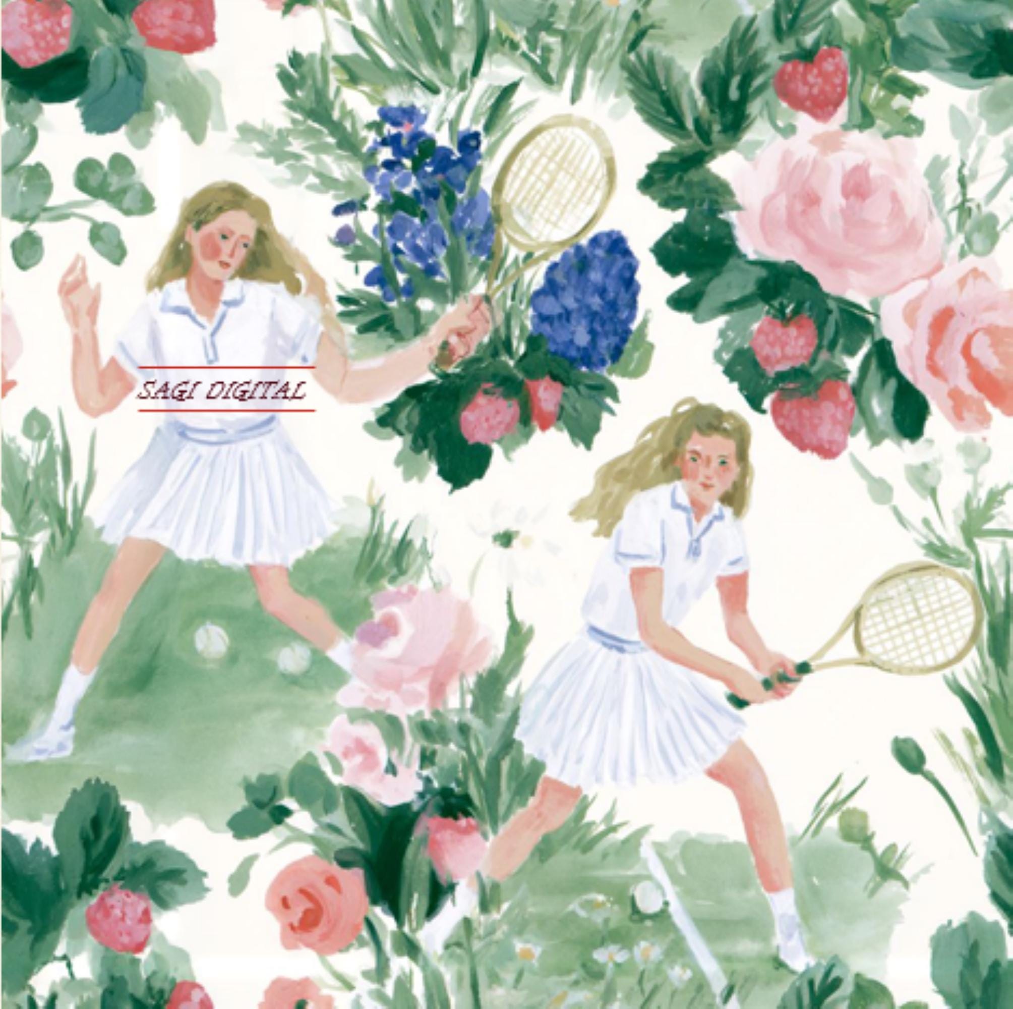 Watercolor Tennis Seamless Pattern—Wimbledon Fabric Design—Botanical Preppy Countryside Decor