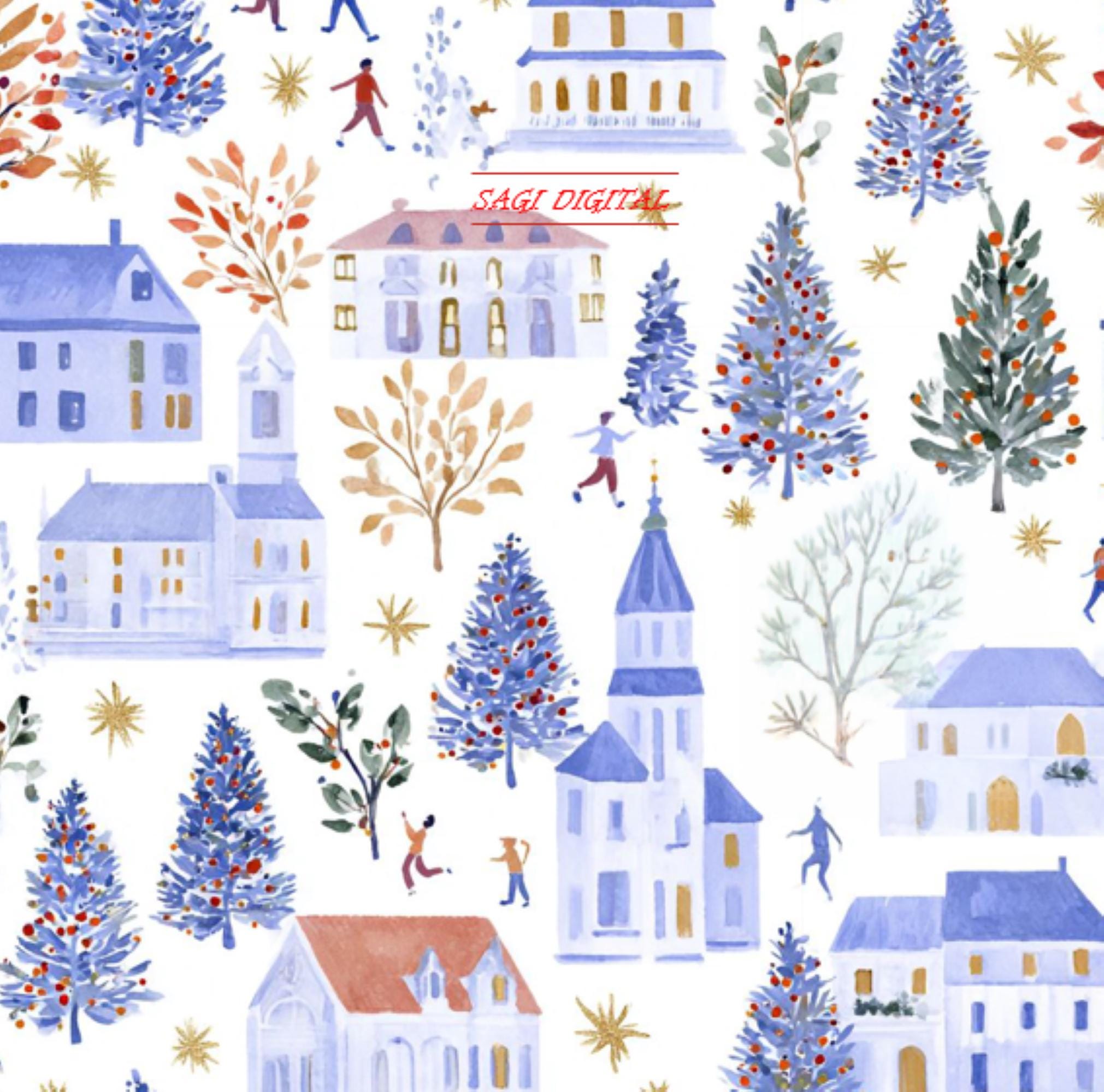 Watercolour Christmas Town Seamless Pattern, Blue Winter Village, Commercial Use