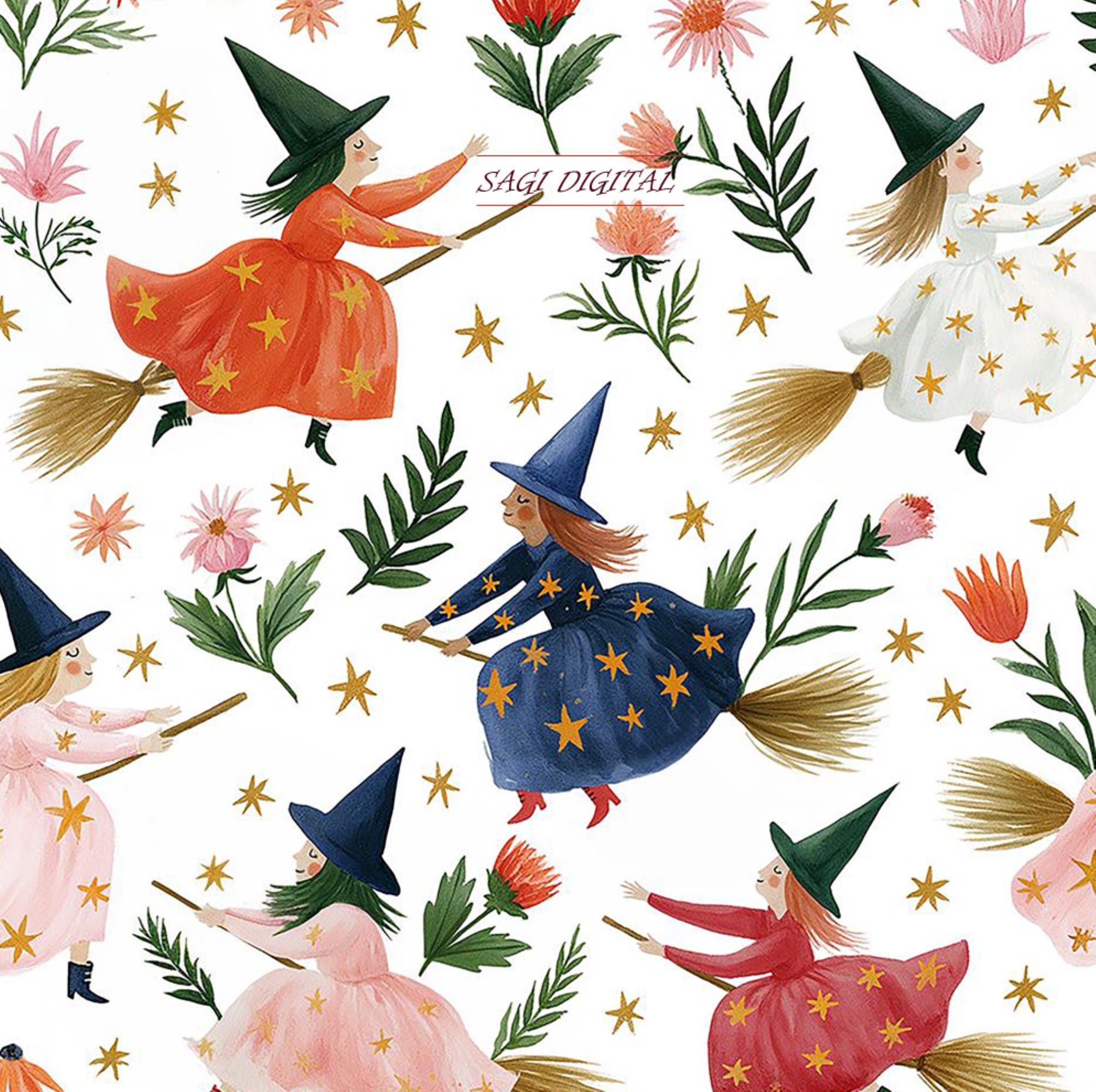 Whimsical Flying Witches Seamless Pattern, Halloween Decor, Commercial Use