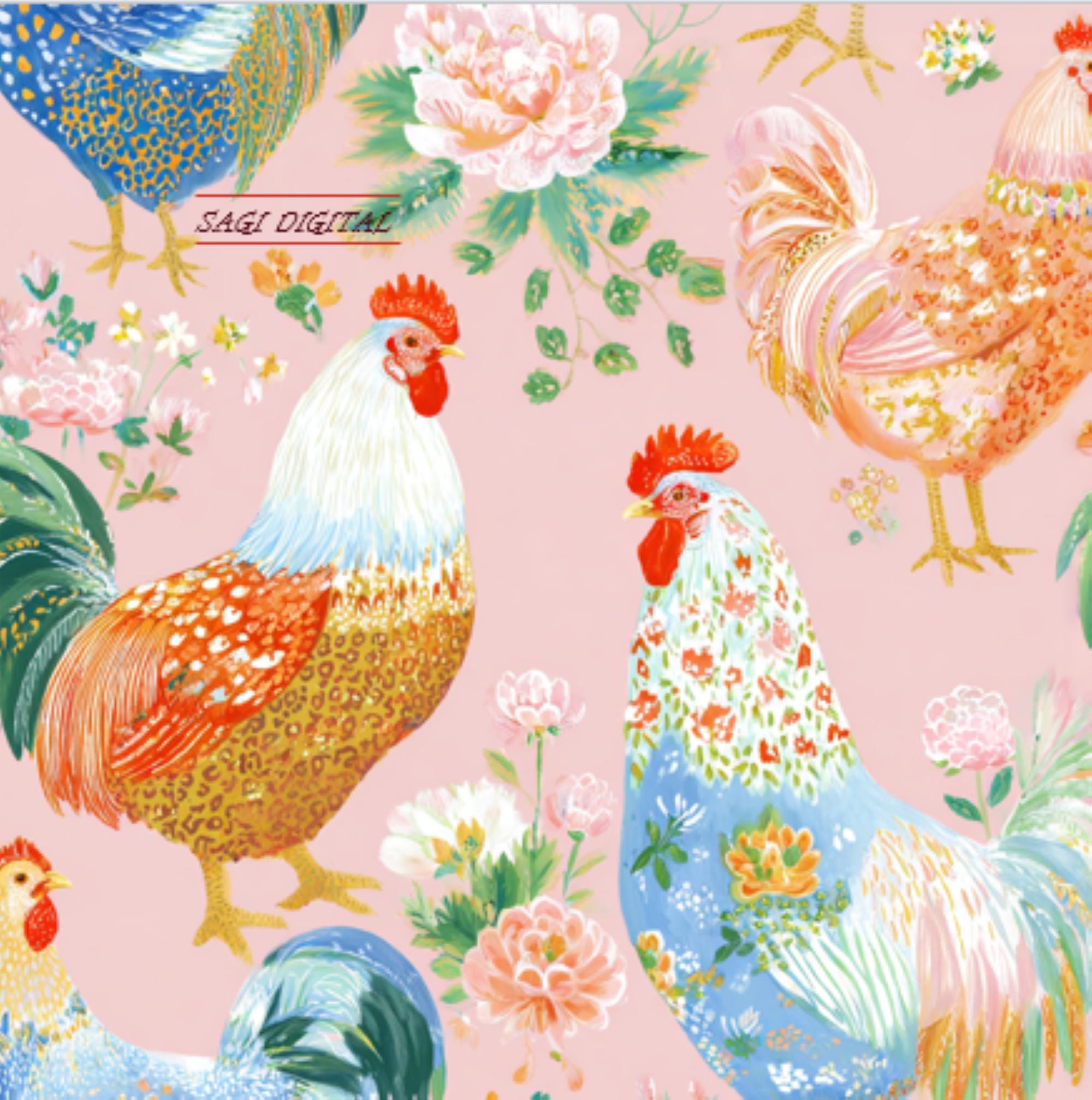 Whimsical Rooster Seamless Pattern, Cottagecore Farmhouse Fabric Design, Commercial Use