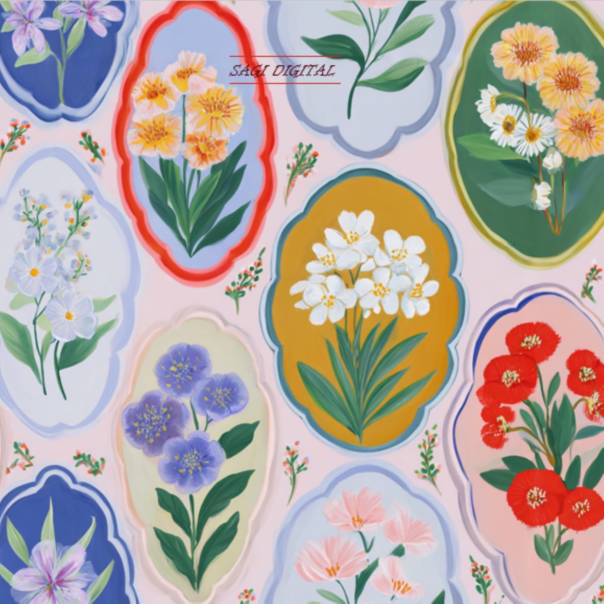 Wildflower Cameo Seamless Pattern, Botanical Frame Fabric Design, Commercial Use