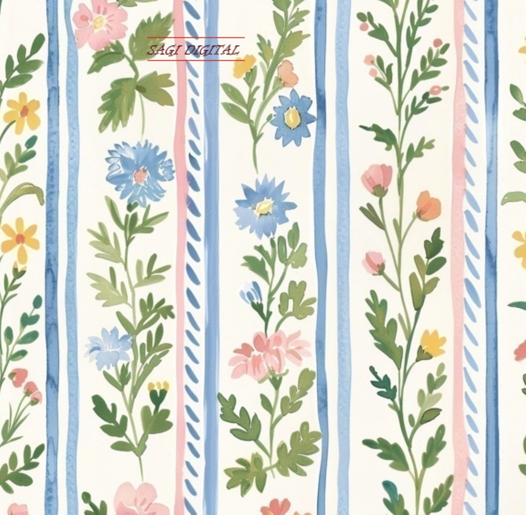 Wildflower Stripe Seamless Pattern, French Blue Watercolor Digital Paper, Commercial Use