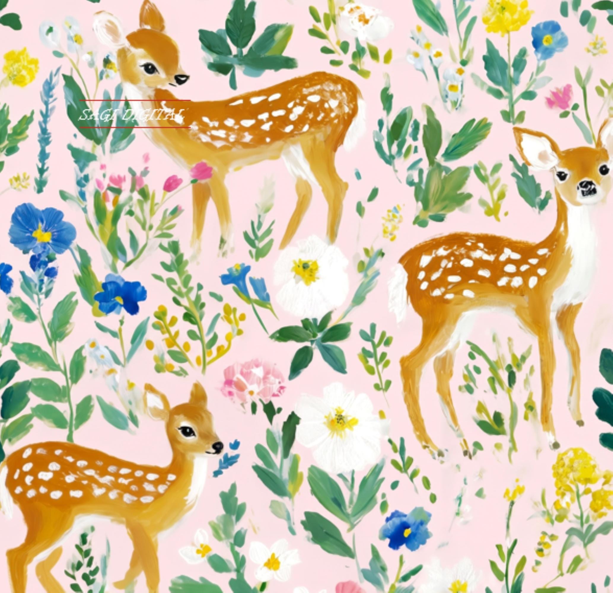 Woodland Deer Seamless Pattern, Fawn Nursery Wildflower Floral Print, Commercial Use
