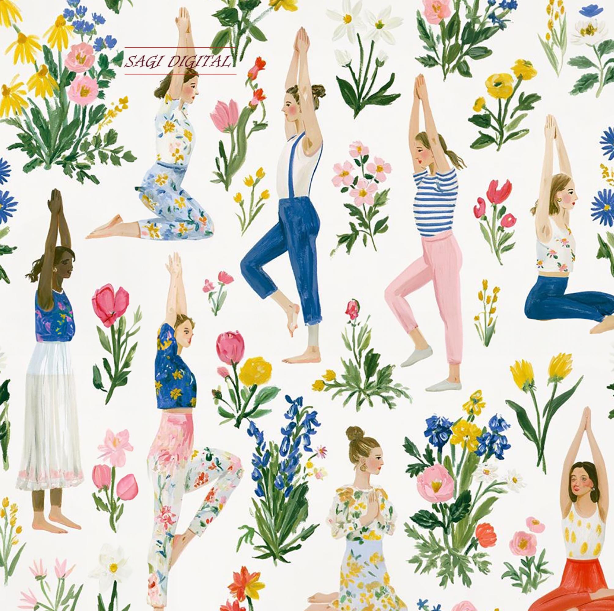 Yoga Women Floral Seamless Pattern, Hand Painted Wildflower Wellness Print, Wallpaper Fabric Design, Commercial Use