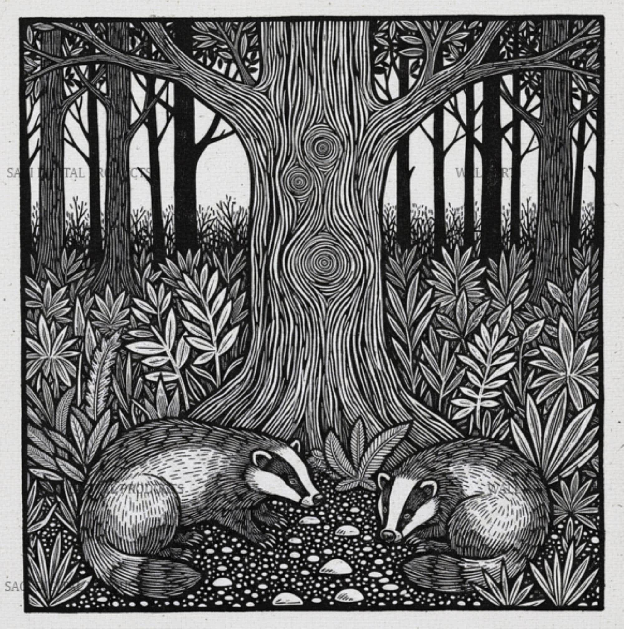 Badger Woodland Print Forest Wall Art Printable British Wildlife Nature Illustration Gift