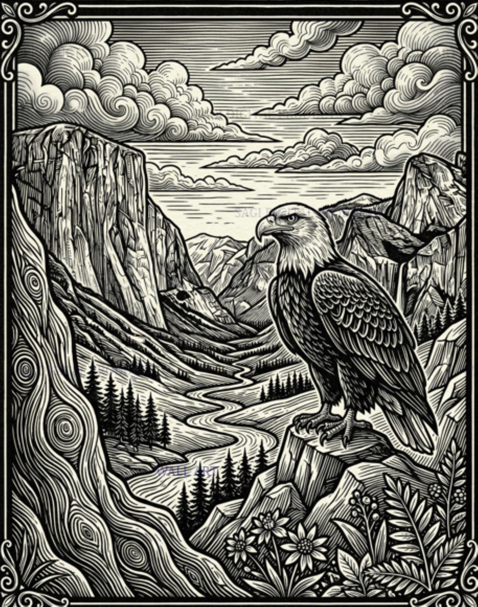 Bald Eagle Print, Mountain Valley Wall Art, Woodcut Bird, Digital Download, Printable