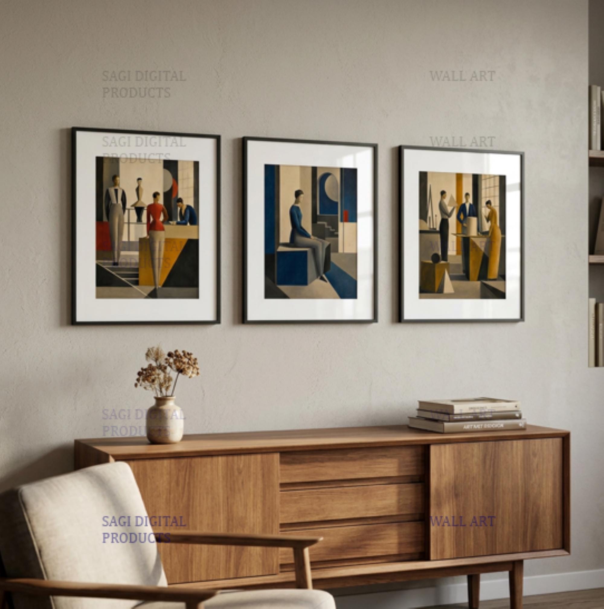 Bauhaus Figure Triptych, Geometric Art Deco Wall Art Bundle, Digital Download, Printable